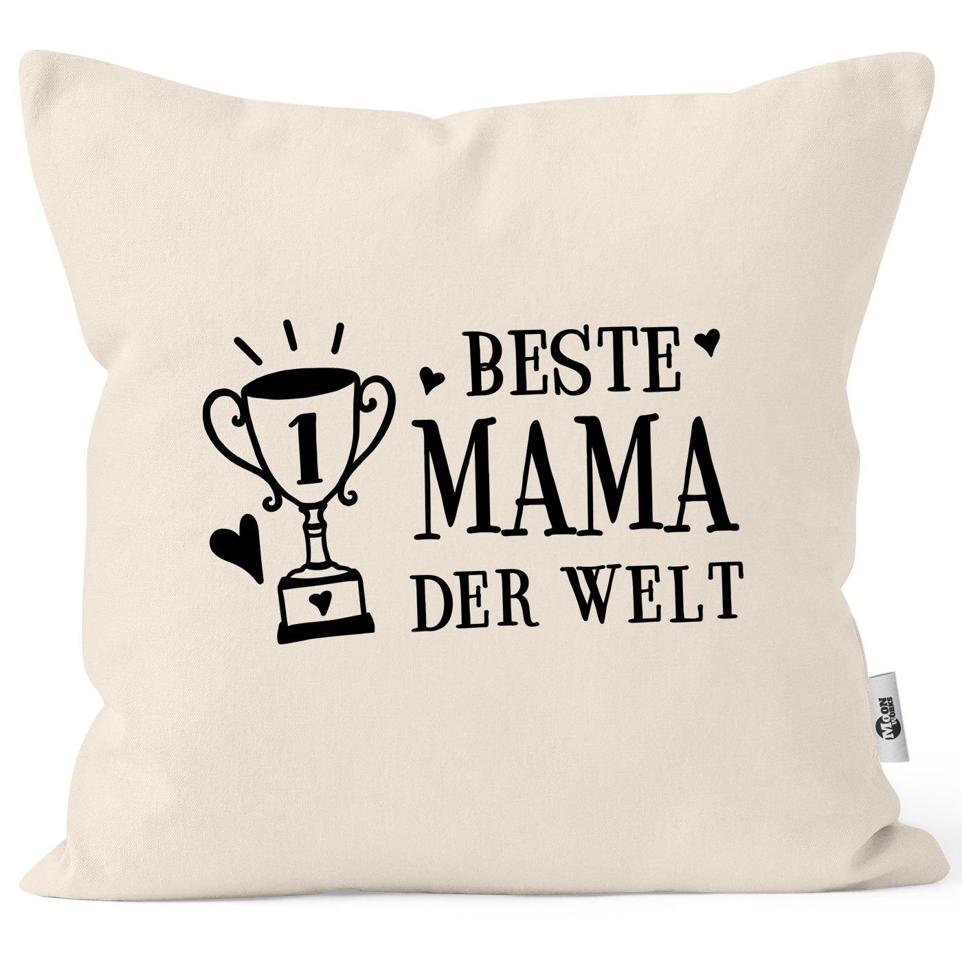 MoonWorks Dekokissen Kissen-Bezug Geschenk zum Muttertag MoonWorks® Pokal Mama der Baumwolle Kissen-Hülle Beste natur Deko-Kissen Welt
