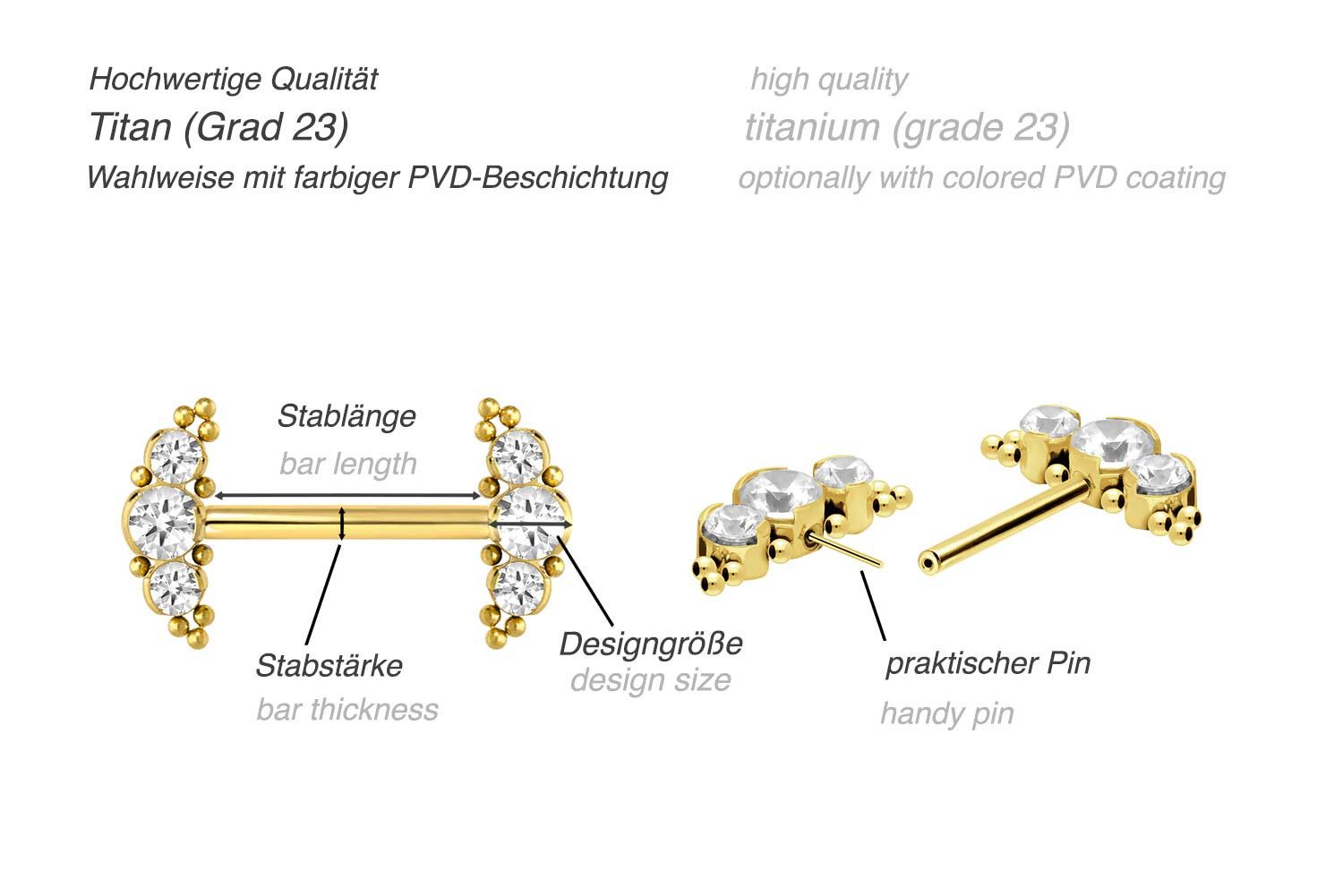 PIERCINGLINE Brustwarzenpiercing Titan Barbell mit Push Fit 3 KRISTALLE + KUGELN (Barbells, 1-tlg)