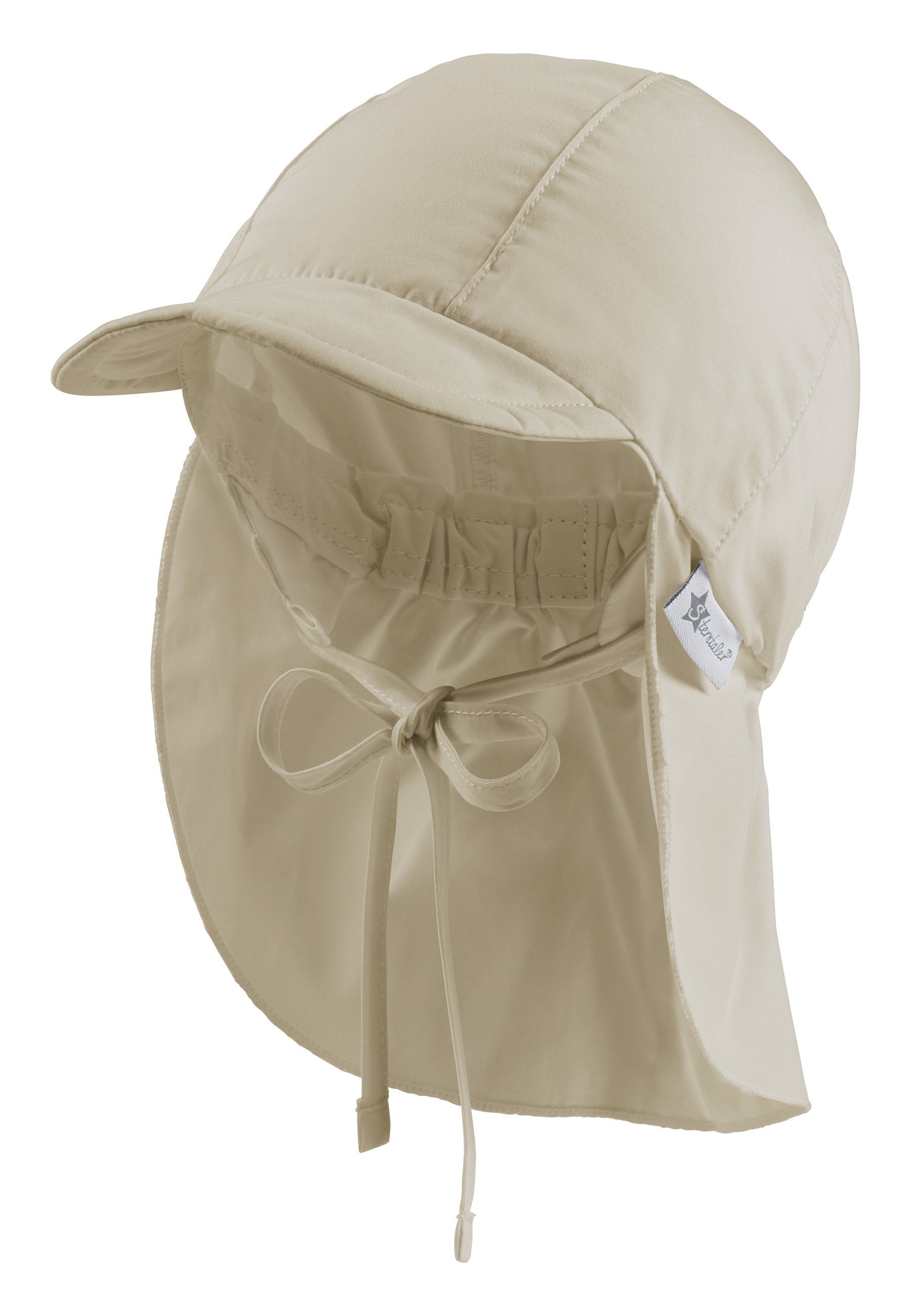 Bindeband UV-Popeline Kinder) mit 50+ idealer UV-Schutz aus (1-St., Sterntaler® Schirmmütze und für mit Schirmmütze Sommermütze Kinderhut Nackenschutz beige Sonnenschutz