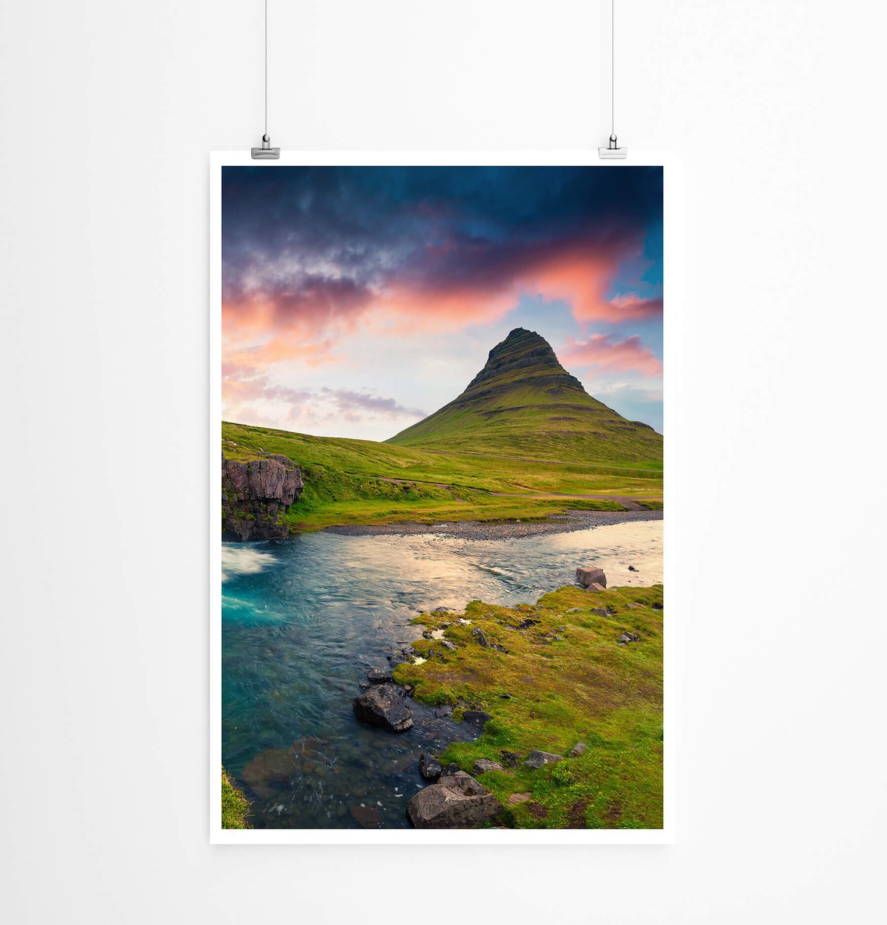 Sinus Art Poster Landschaftsfotografie  Sonnenaufgang am Kirkjufell Berg Island 60x90cm Poster