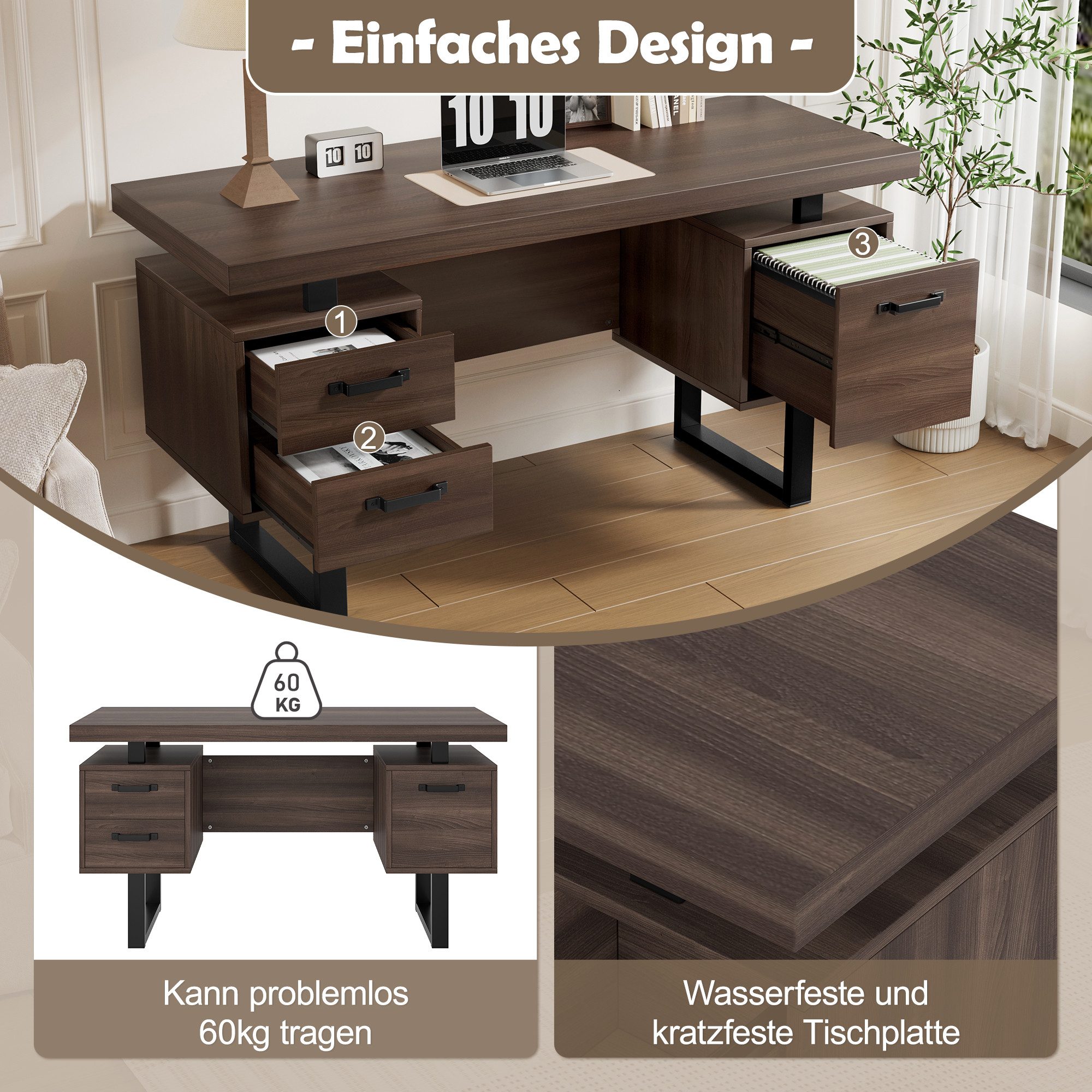 Merax Schreibtisch (1-St), Arbeitstisch mit 3 Schubladen,Bürotisch aus MDF, Stahlrohr,135x54x74cm
