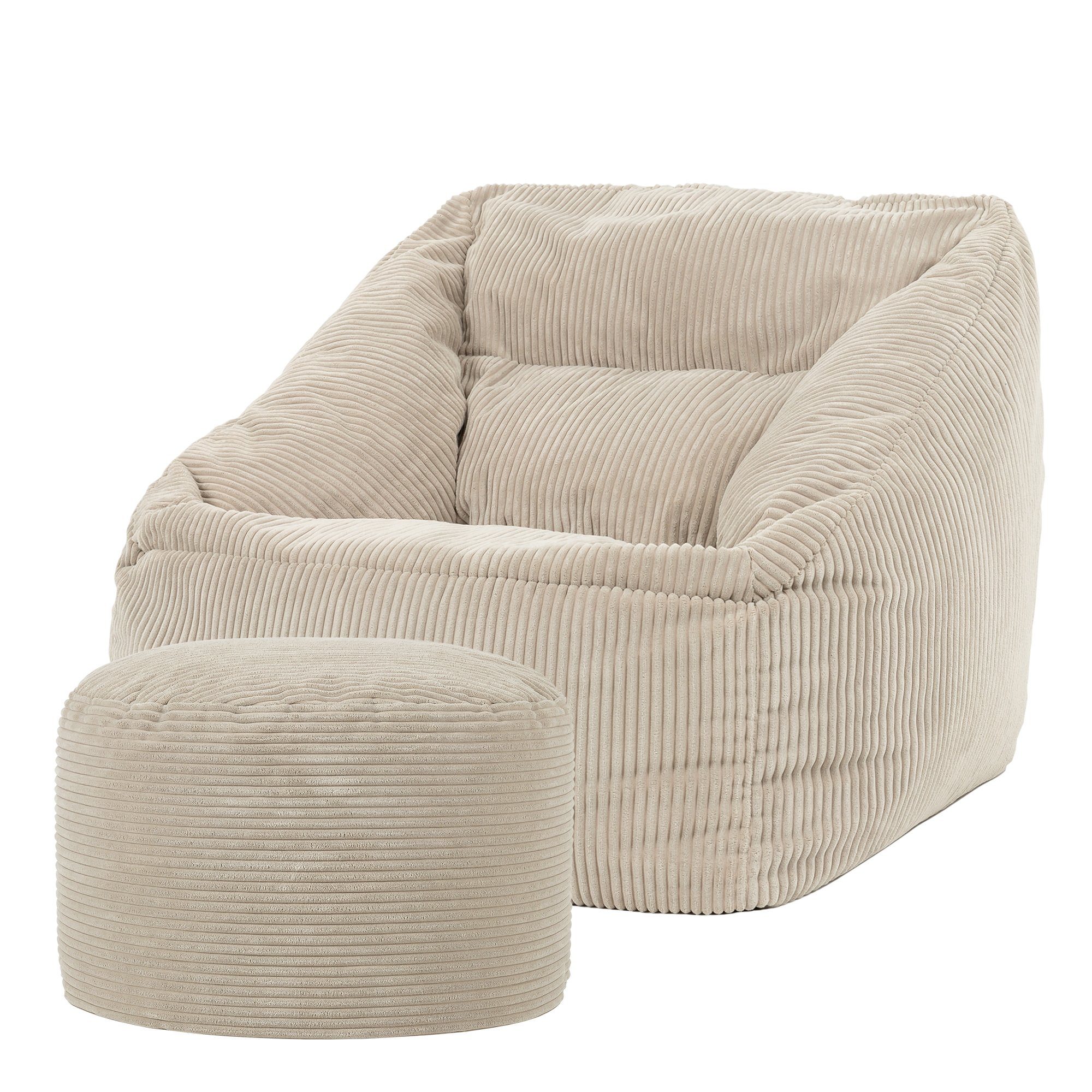 icon Sitzsack Riesen Sitzsack Sessel aus Cord „Morgan“ mit Sitzpouf beige