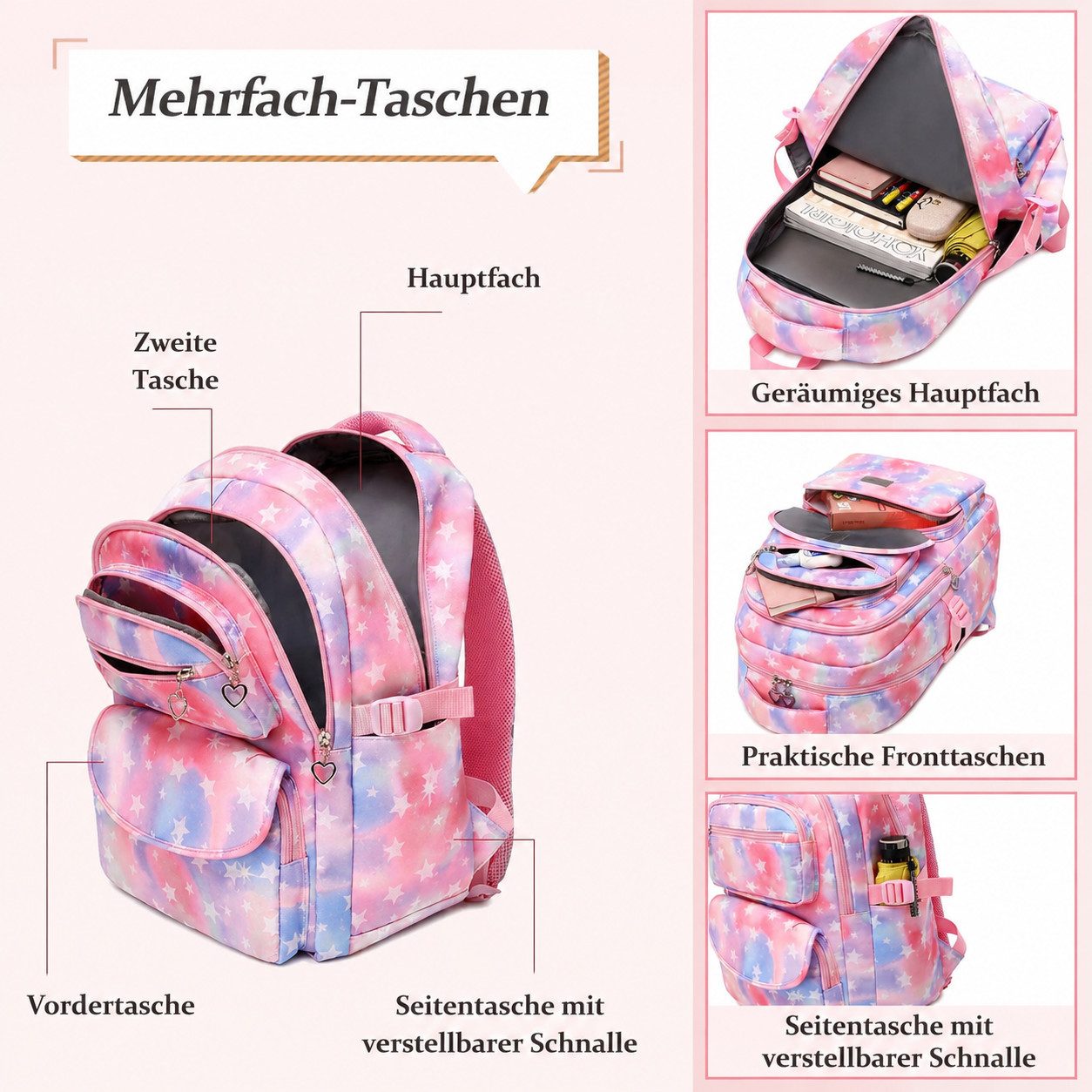 MOPUEA Schulrucksack 3 Stück Schulrucksack-Set Schultasche Teenager Turnbeutel (Langlebiges Material & pflegeleicht, 3-tlg., 3-teiliges Set – praktisch & vielse – Bild 4 von 5