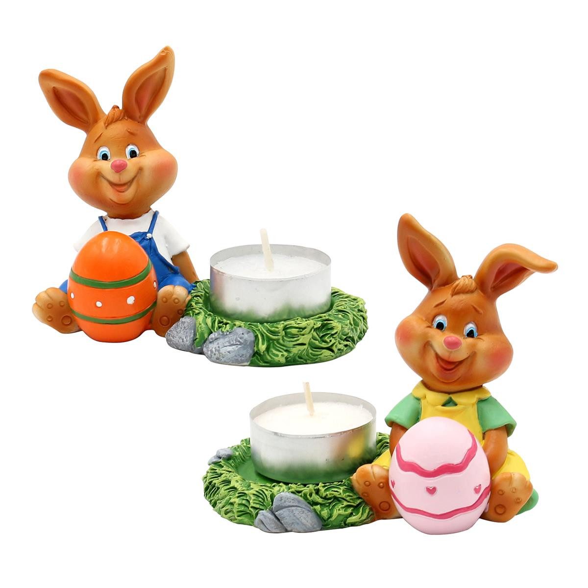 Dekohelden24 Osterfigur Osterhasen in verschiedenen Varianten (1 St), Fröhliche Hasen mit Ei, niedliches Design, ideal für Osterdekoration