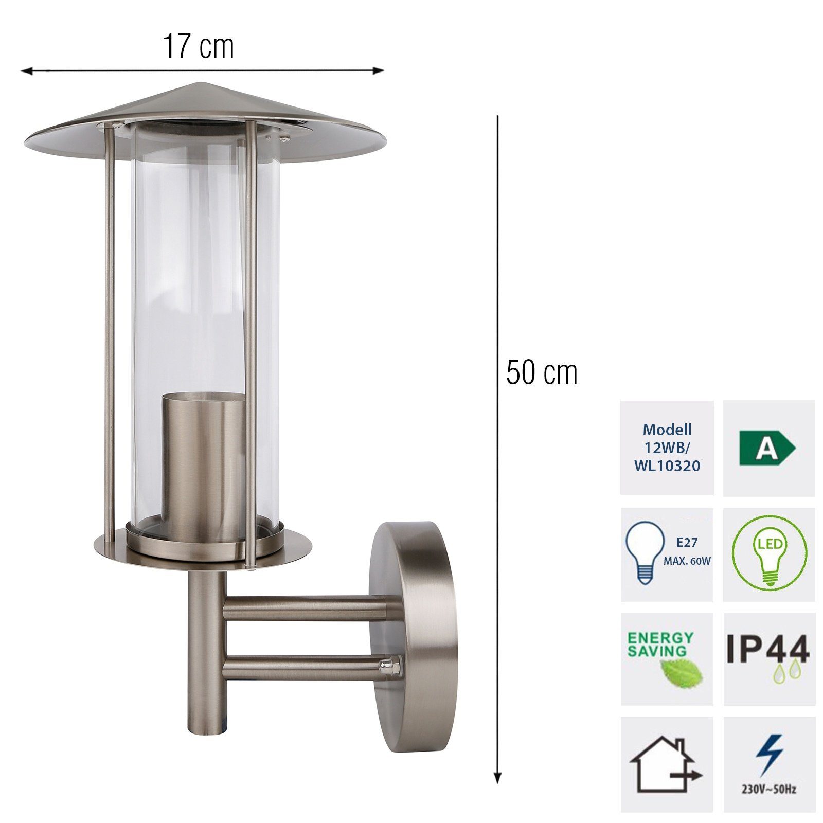 Leuchtmittel, Wandleuchte ohne Maße: Höhe Ø 17cm Schrim 19,5cm Edelstahl Grafner ca. Hofleuchte, Außen-Wandleuchte Wandlampe 31,5cm ca. Grafner® 12WB