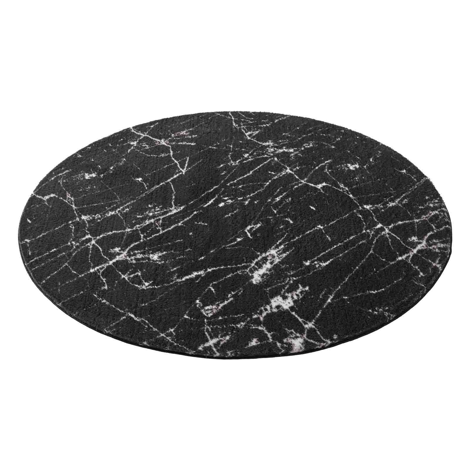 Teppich Supersoft Kurzflorteppich Valetta schwarz mm, Marmor, weiß marmoriert rund, Höhe: Badezimmer TaraCarpet, modern waschbar 080x080 Schlafzimmer Wohnzimmer 19