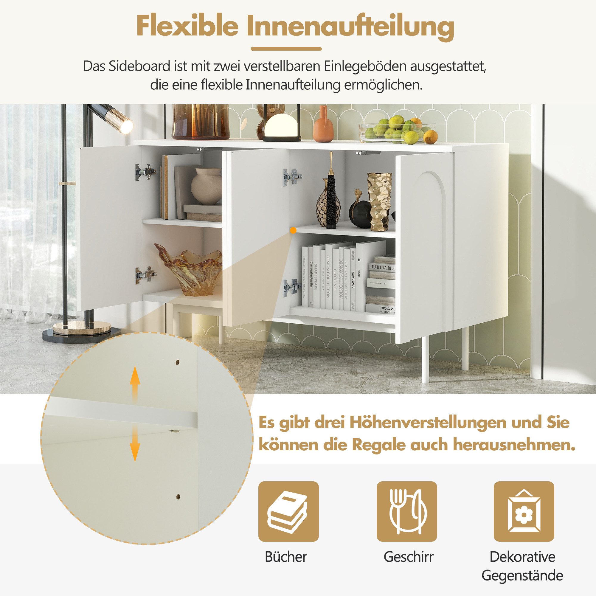 IDEASY Sideboard 4 Türen Reinweiß, Hochwertiges Wohnzimmerschrank mit Stauraum (Modernes Minimalistisches Design, Bogenmuste), Weiße Aufbewahrungsmöbel mit Bogenförmigen Türdetails