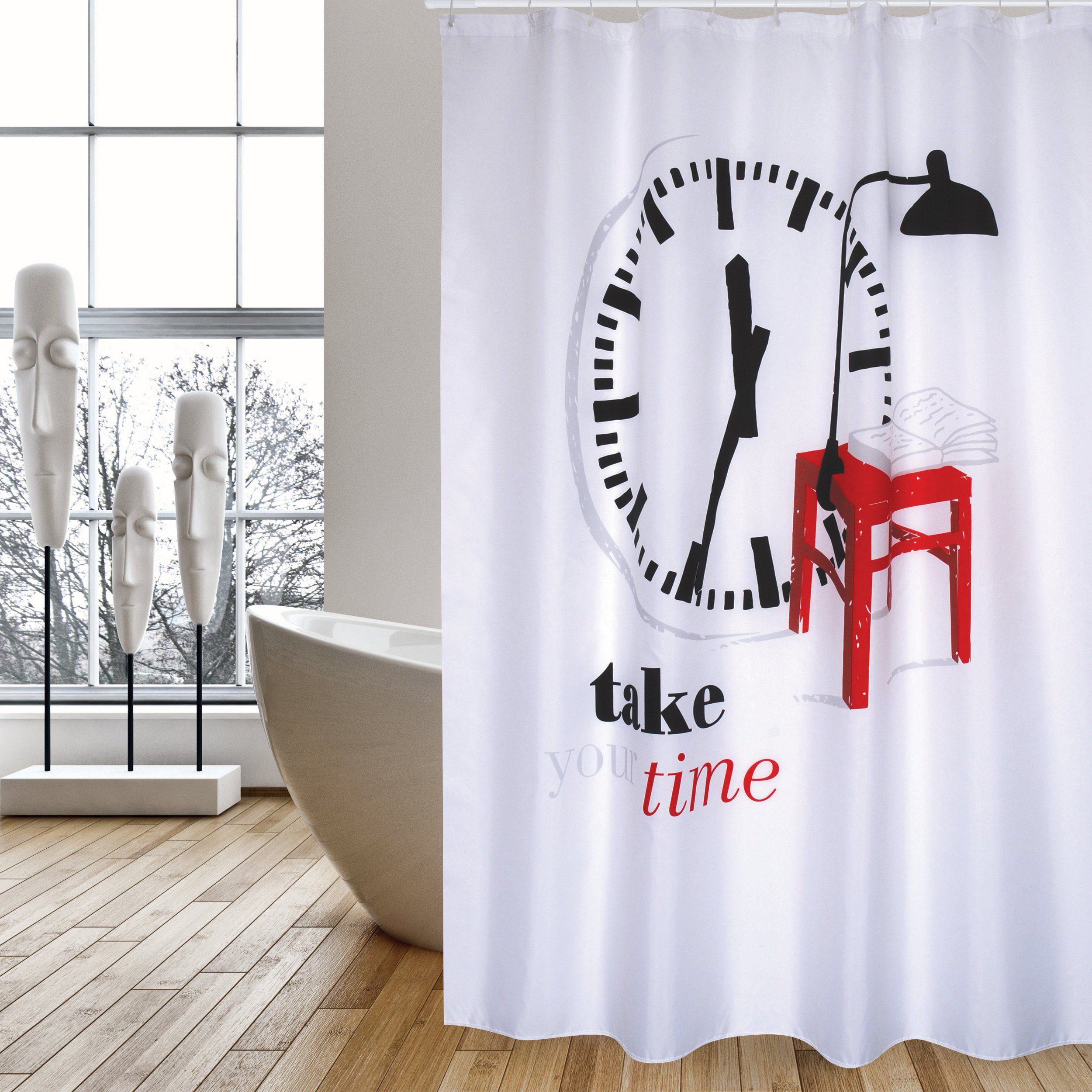 MSV Duschvorhang TAKE YOUR TIME Breite 180 cm, Premium Anti-Schimmel Textil-Duschvorhang, Polyester, 180x200 cm, waschbar, weiß-bunt, Motiv "Take Your Time"