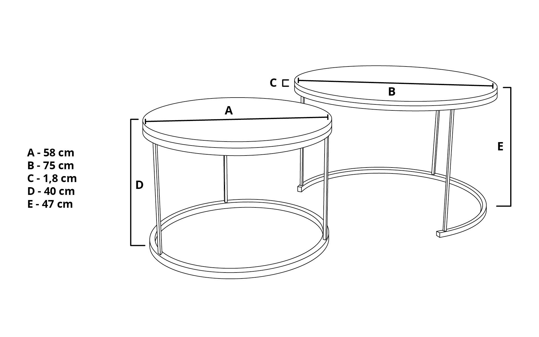 und marmor/schwarz Laminierte Tischplatte, Rund 75cm Polini Couchtisch kratzfeste Home DOKKUM, hitzebeständige, Couchtisch-Set und 58cm stoß- 2-teilig Tisch