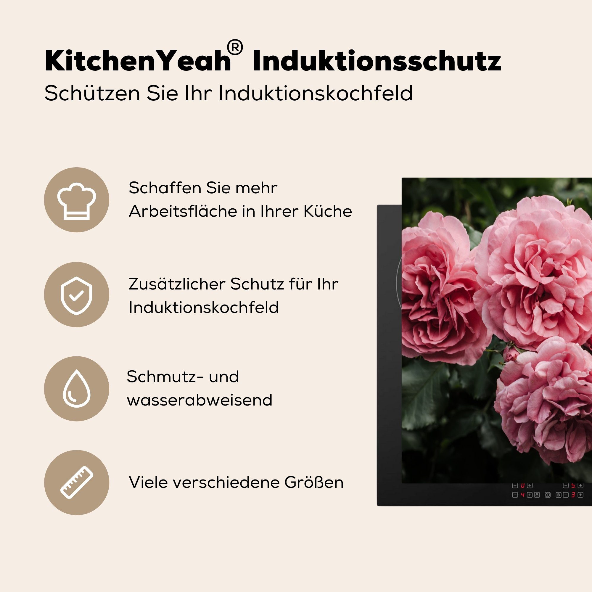 cm, Rosen, Herdblende-/Abdeckplatte Blumen MuchoWow - Vinyl, Induktionsschutz, Rosa (1 Ceranfeldabdeckung Induktionskochfeld, tlg), 57x51 -