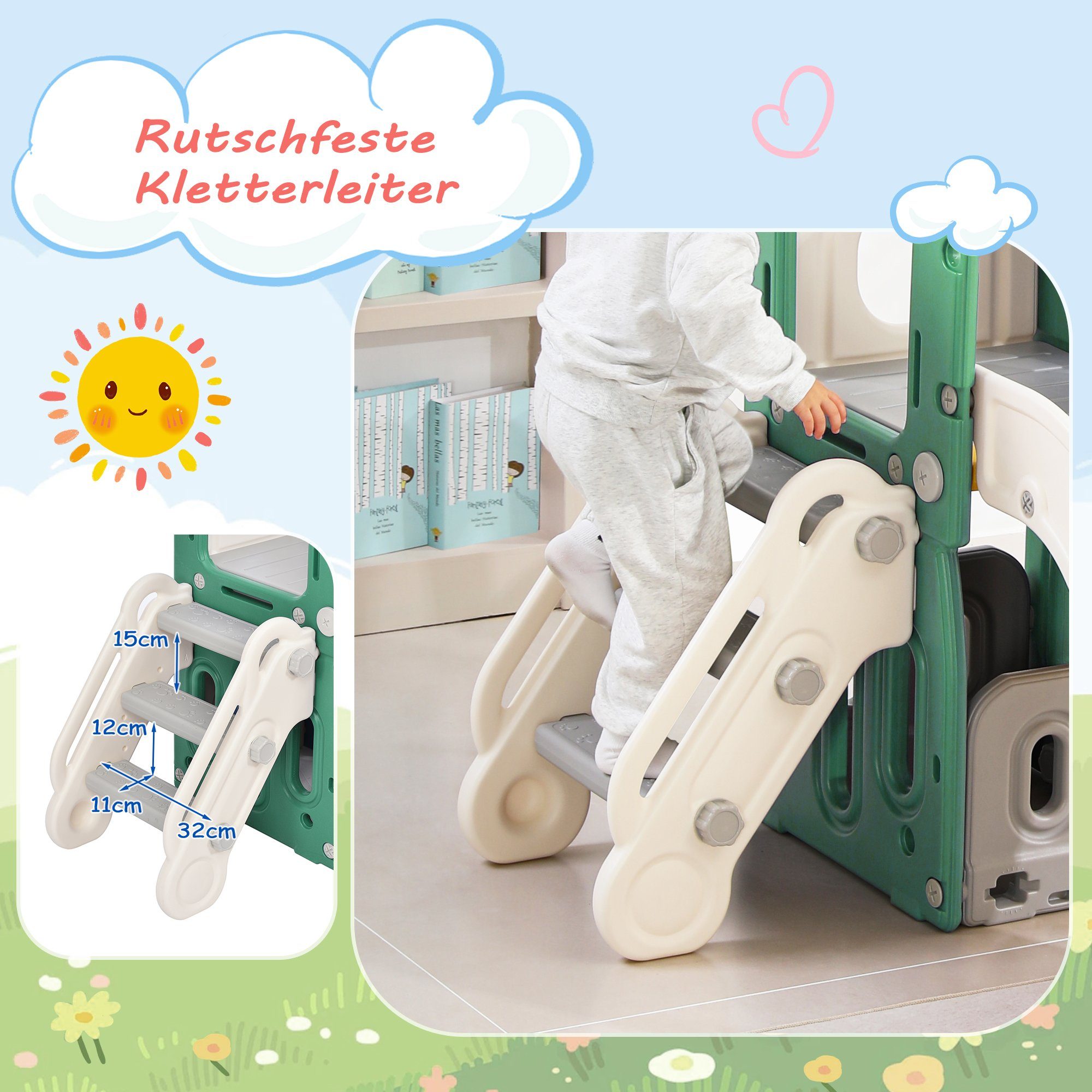 Laufstall HDPE), 5 Schaukel Stauraum, Gelb+Weiß (Basketballrahmen Rutsche, Klettern, Aus für Kinder Kletterspielzeug +Grün in REDOM Kinderrutsche, 1