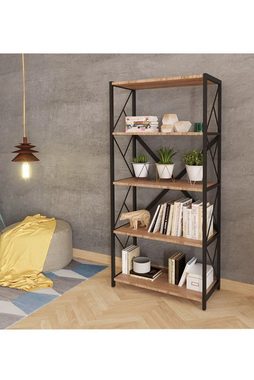 Zeta Interior Bücherregal, Höhe 163cm, mit 5 Regalen, Schwarz und Kiefer Farbe, Metall und Holz