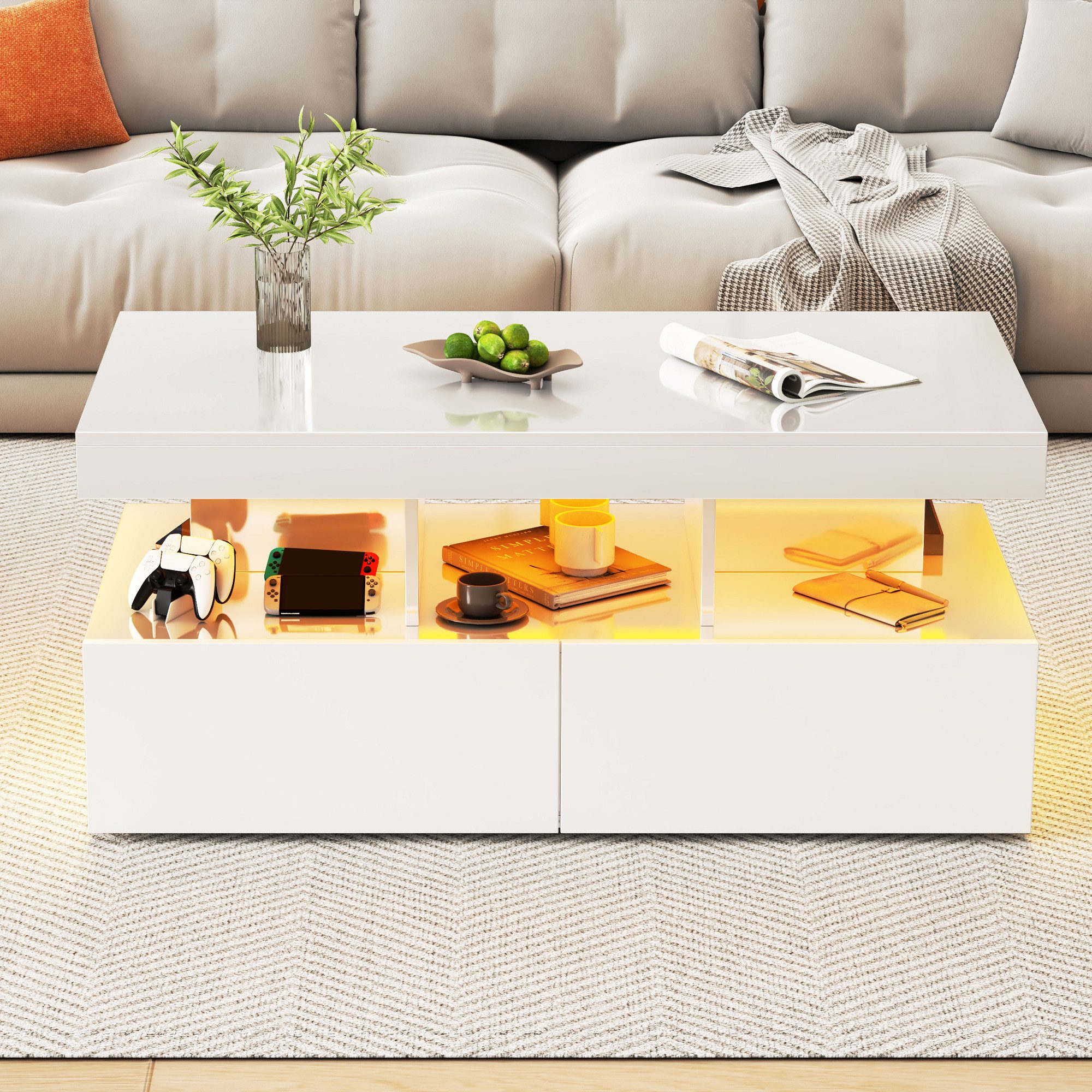 Furnishings Home Couchtisch Wohnzimmertisch Ablagetisch LED Beistelltisch (Hochglänzender quadratischer, mit LED Beleuchtung & Fernsteuerung), Mit 2 Schubladen und 16-farbigen variablen