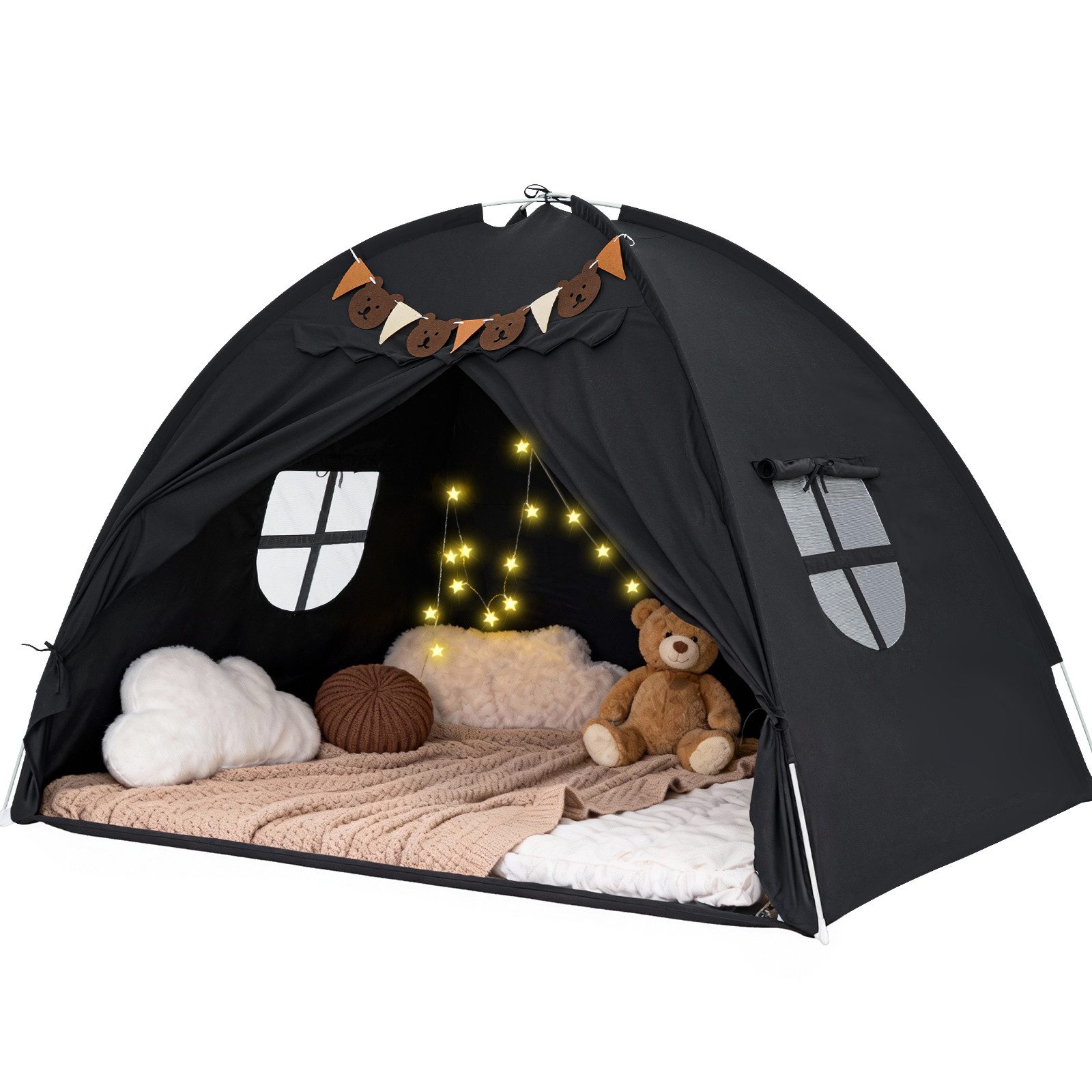 Insma Spielzelt 2 IN 1 Kinder Spielhaus Bettzelt Schlosszelt mit Sternen-Lichterkette und Bären-Wimpelkette, 196×140×132cm