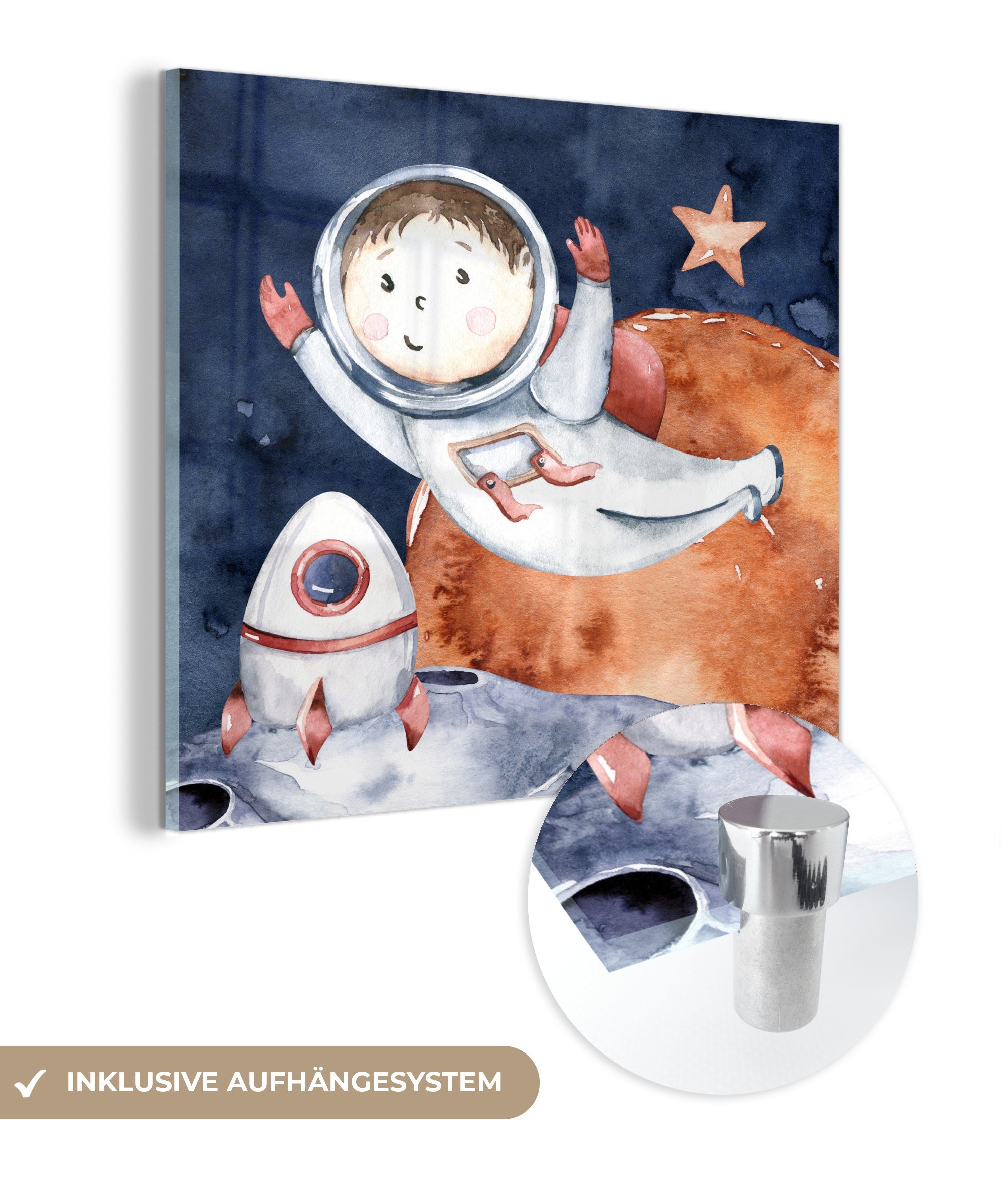 MuchoWow Acrylglasbild Weltraum - Mond - Rakete - Jungen - Mädchen - Kinder, (1 St), Glasbilder - Bilder auf Glas Wandbild - Foto auf Glas - Wanddekoration