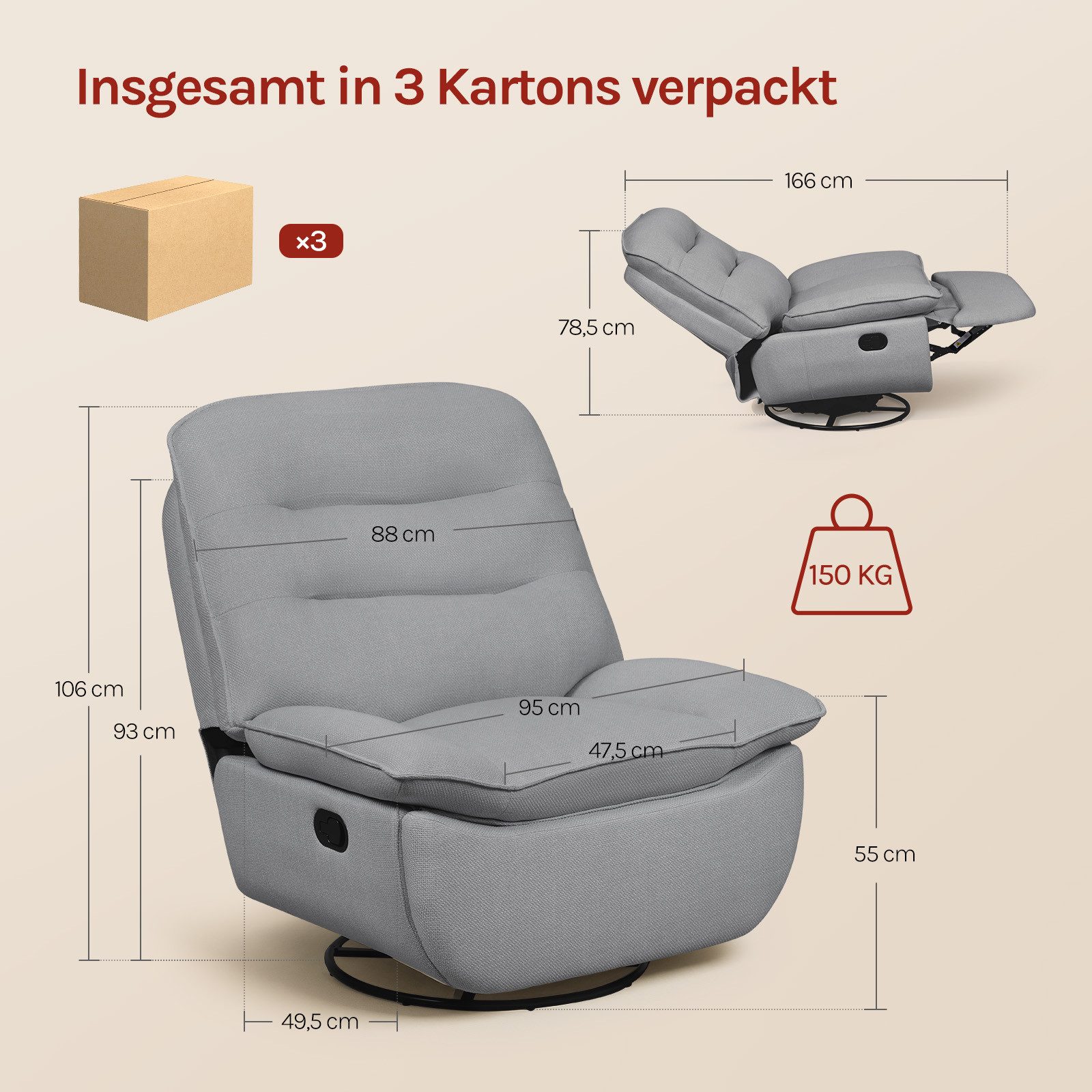 Woltu Relaxsessel, mit Liegefunktion, mit klappbarer Fußstütze, 95 cm breite Sitzfläche