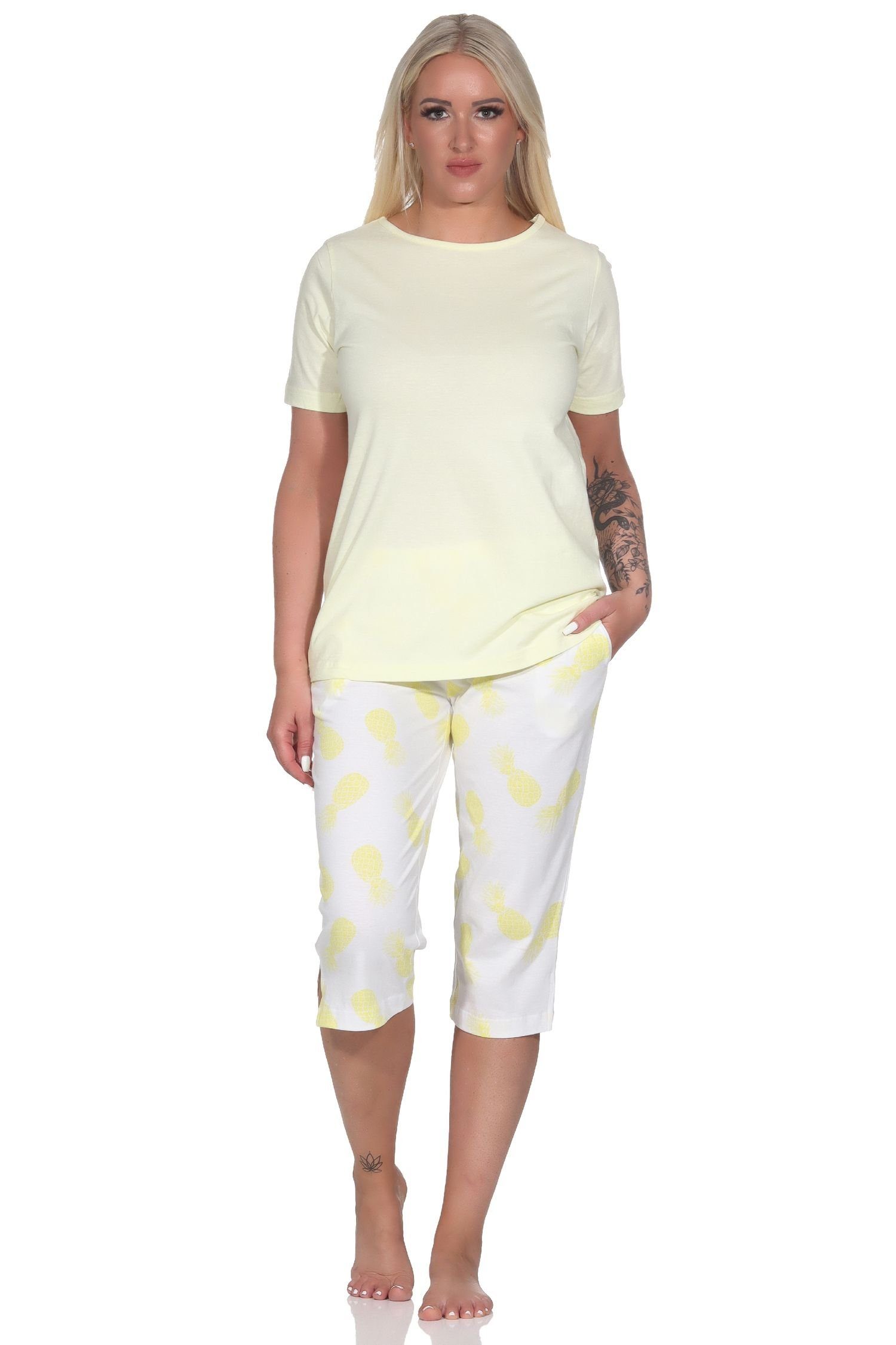 Damen Schlafanzug Motiv Homewear Normann Ananas Kurzarm Pyjama Caprihose mit als gelb und