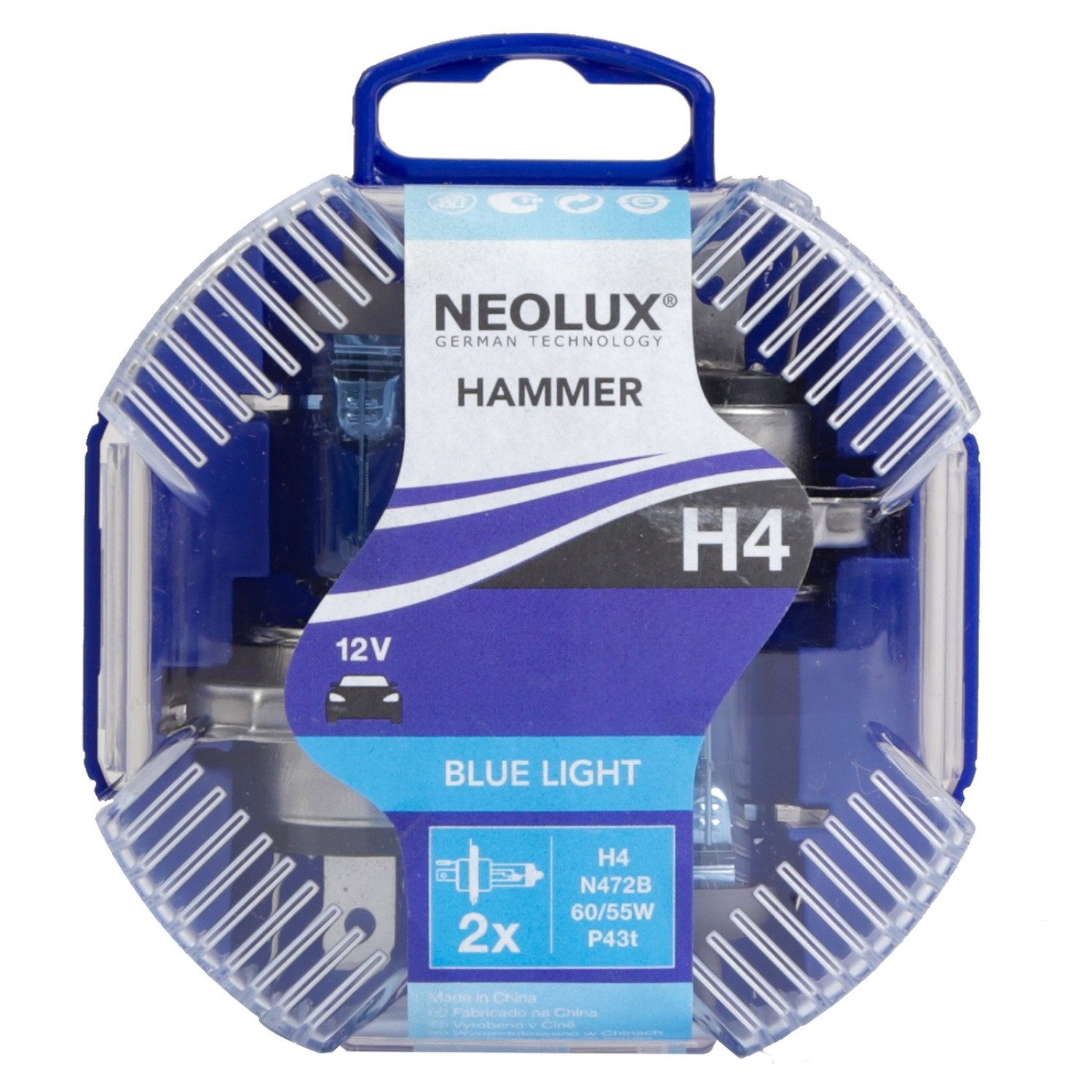 Osram KFZ-Ersatzleuchte 2x HAMMER H4 12V 60/55W Halogen Leuchtmittel, H4, 2 St., P43t Xenon Blue Look Effekt Halogen-Birnen Ersatz Glühlampe Set Box