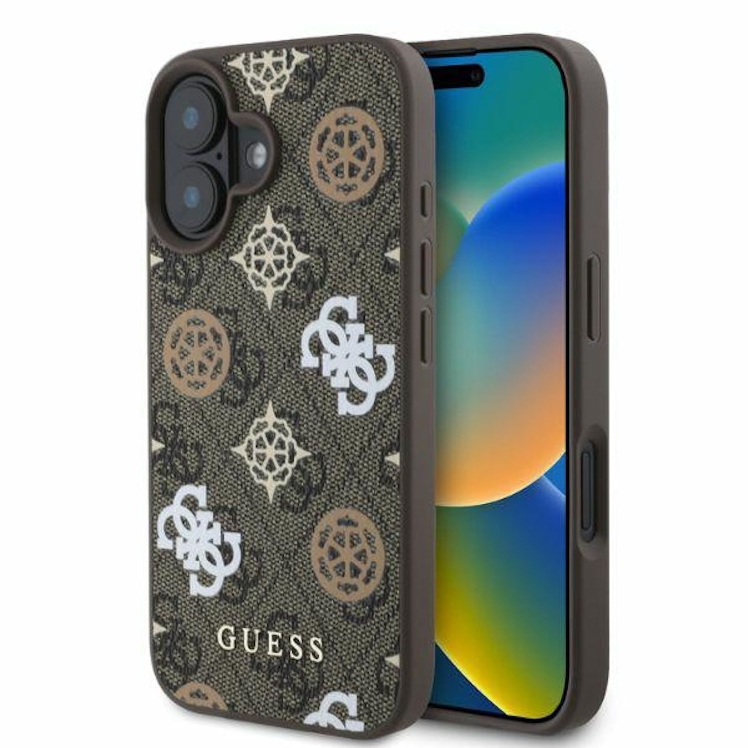 Guess Smartphone-Hülle GUESS Apple iPhone 16 Hardcase Peony Script 4G Design MagSafe Braun