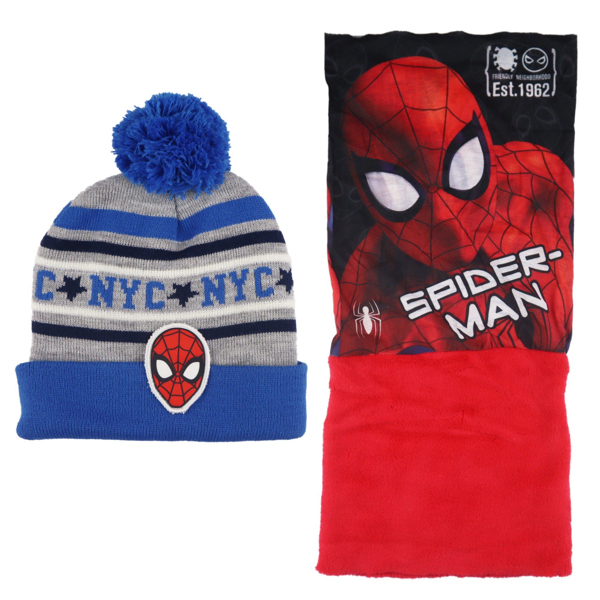 MARVEL Bommelmütze Spiderman Kinder Winter Set Mütze plus Snood Gr. 52 oder 56, Rot oder Schwarz