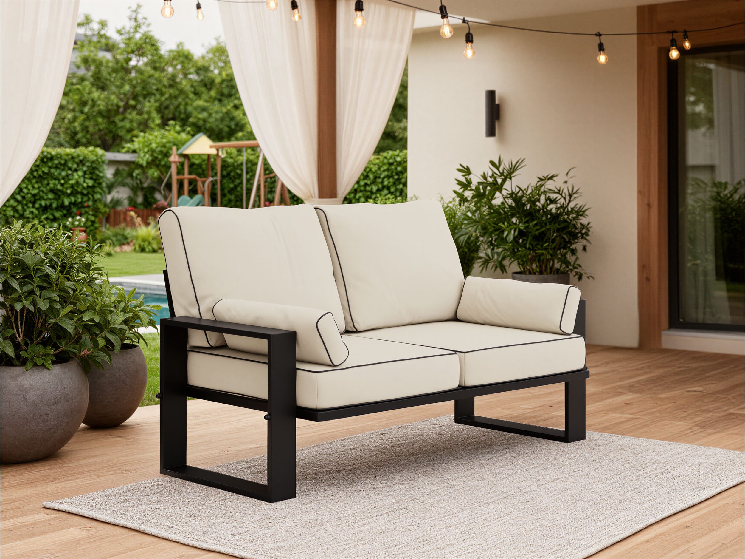 MKS MÖBEL Sofa ELBA, Wellenfeder, Stahlrahmen, T30-Schaum, Outdoor, Terrasse, Wetterfest, 2-Personen, Gartensofa mit Kissen, Metall