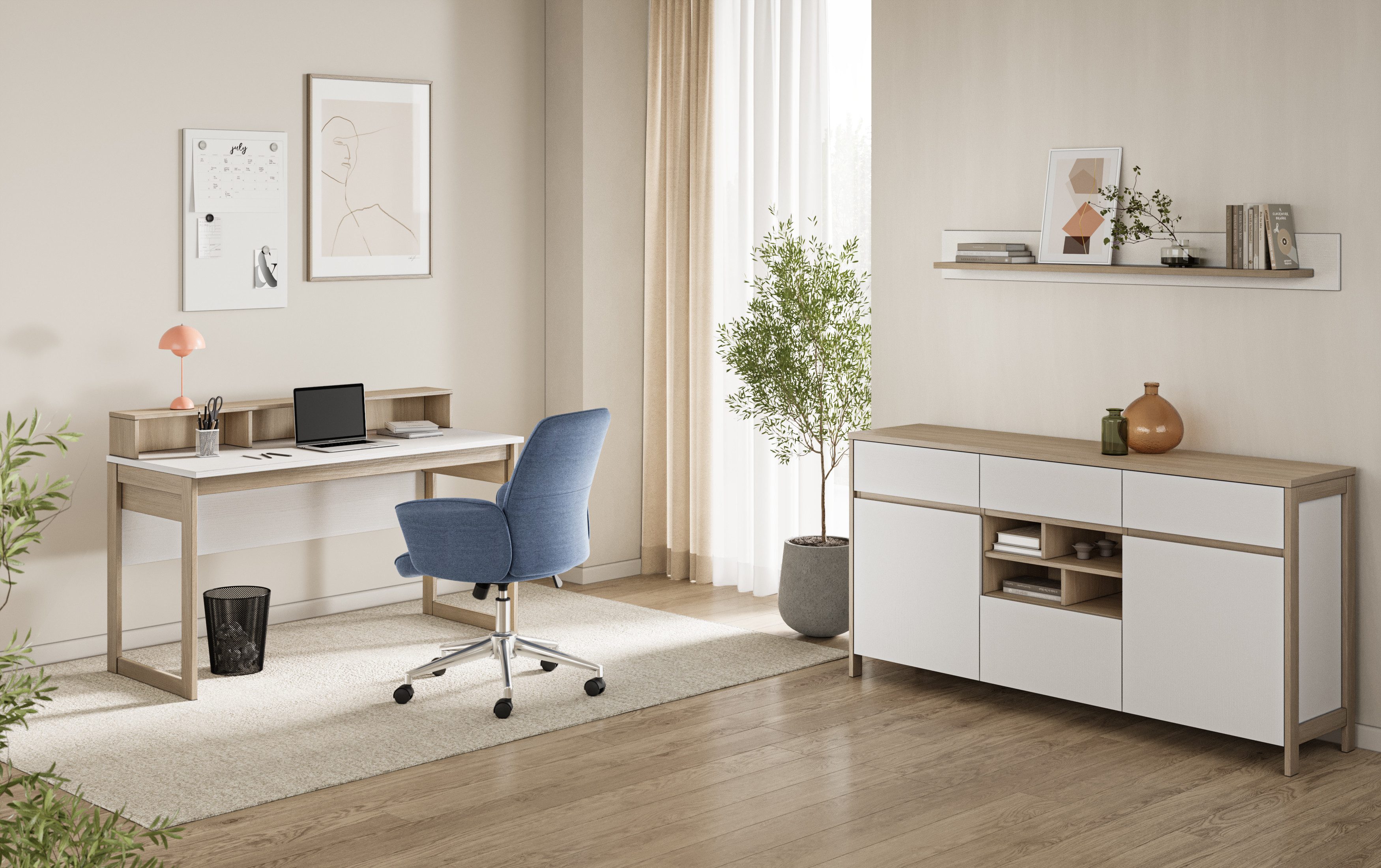 Home affaire Büromöbel-Set Stranda im Scandi-Style, Home Office, Büro in zwei Farben verfügbar, (3-tlg), enthält Schreibtisch, Sideboard und Wandboard