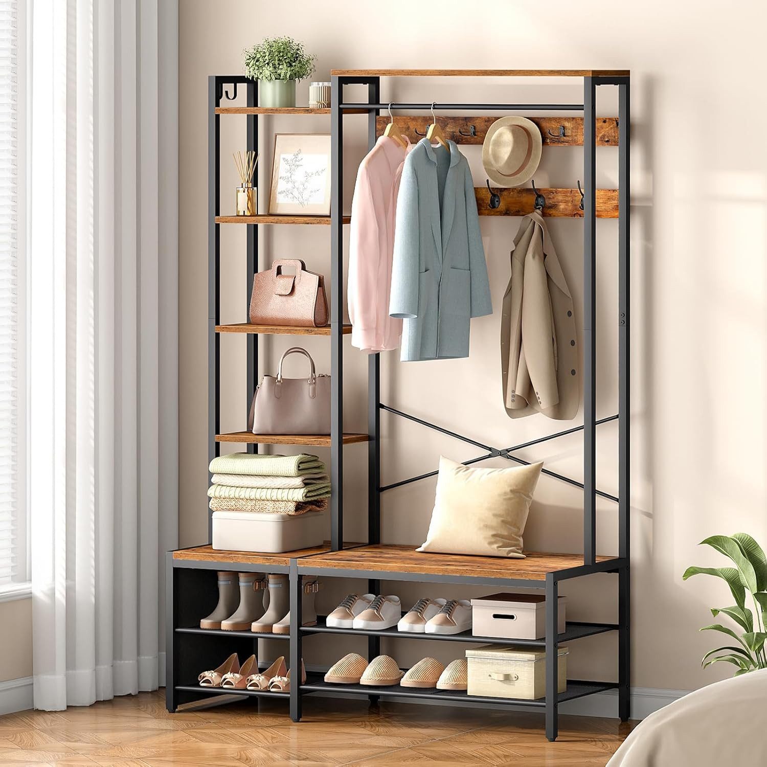 Hoobro Garderobenständer Garderobe mit Schuhregal und Sitzbank 9 Doppelhaken, 2 Seitenhaken, (1 Garderobenständer mit Schuhregal, Sitzbank, Haken, Ablagen und S – Bild 5 von 5