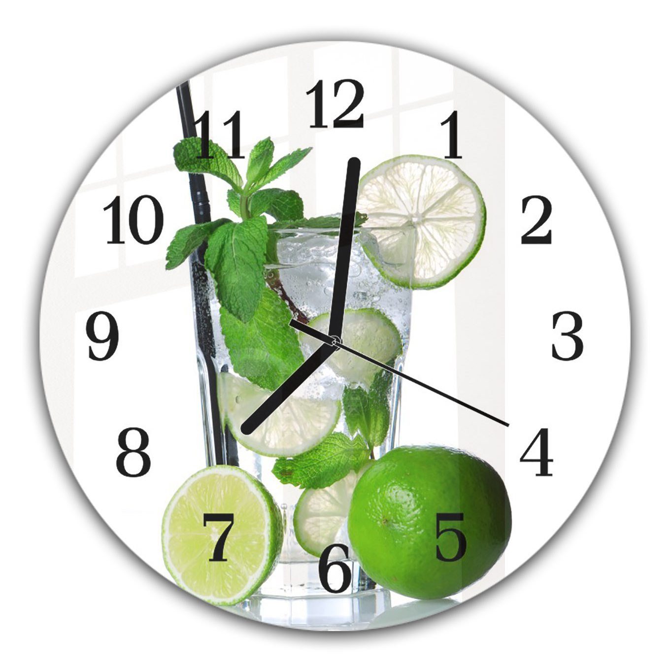 Primedeco Wanduhr Wanduhr aus Glas mit Motiv Cocktail mit Limetten - Rund mit Durchmesser 30 cm und Quarzuhrwerk