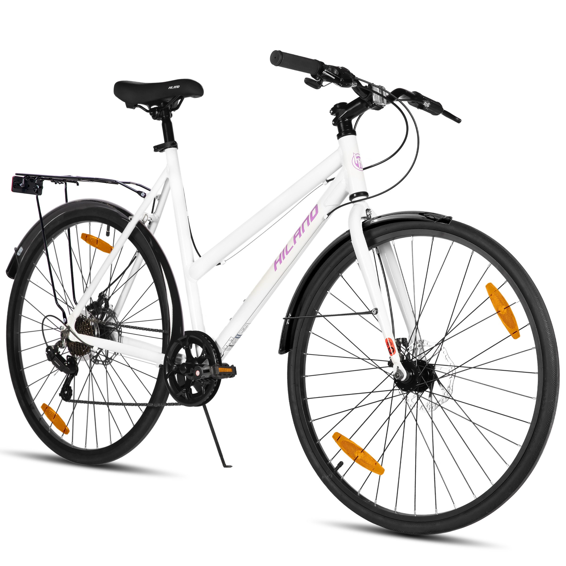 HILAND Cityrad 700C Herren Damen Student Aluminiumlegierung Pendler Stadtfahrrad, 7-Gang, mit Schutzblechen, Gepäckträger, Mechanische Scheibenbremse