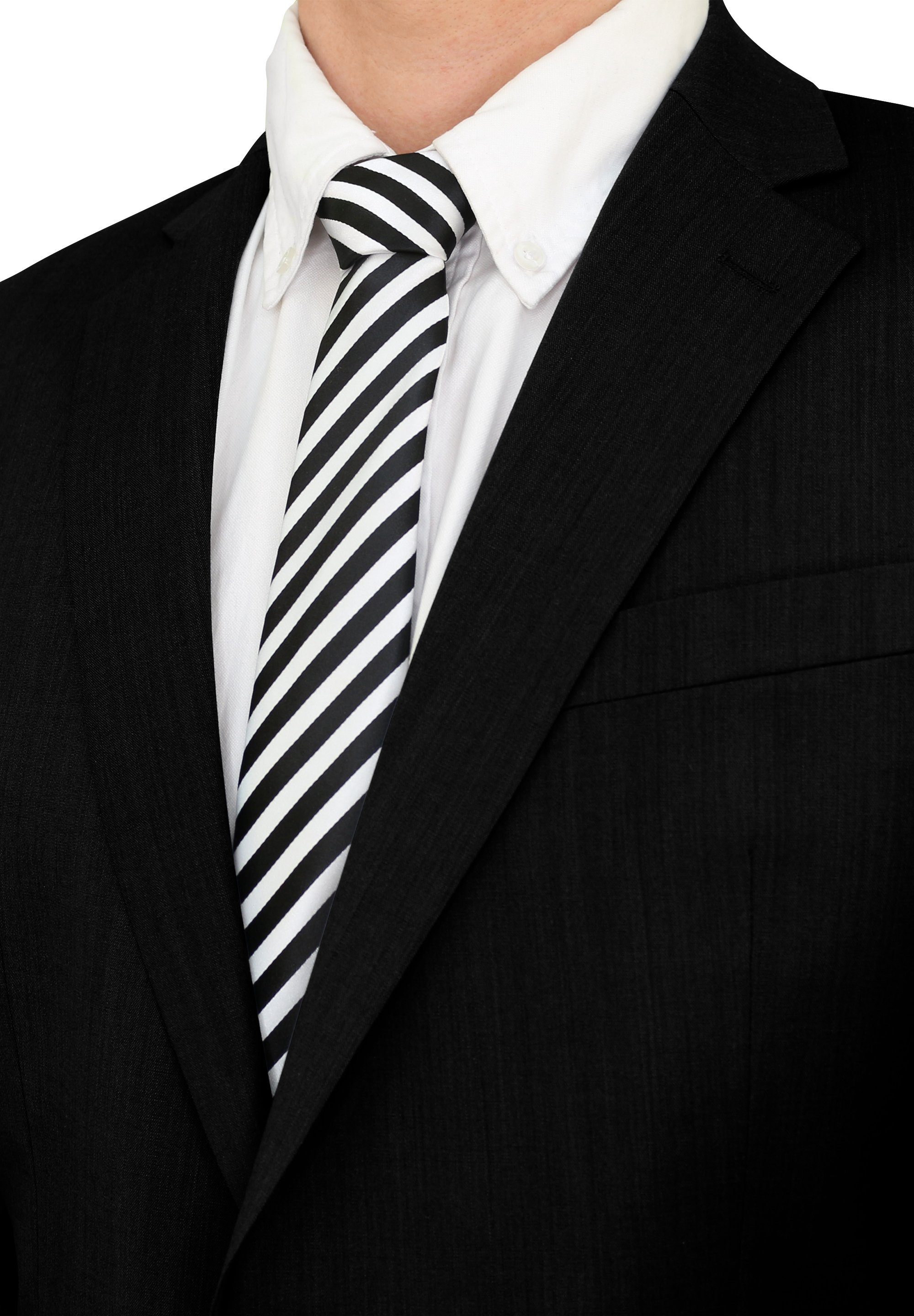 Krawatte 8cm (6cm), (ohne Krawatte Box, in Breite Fabio Schmal oder 6cm Schwarz/Schneeweiße Streifen mit - Farini Tie gestreifte Herren Streifen Gestreift)