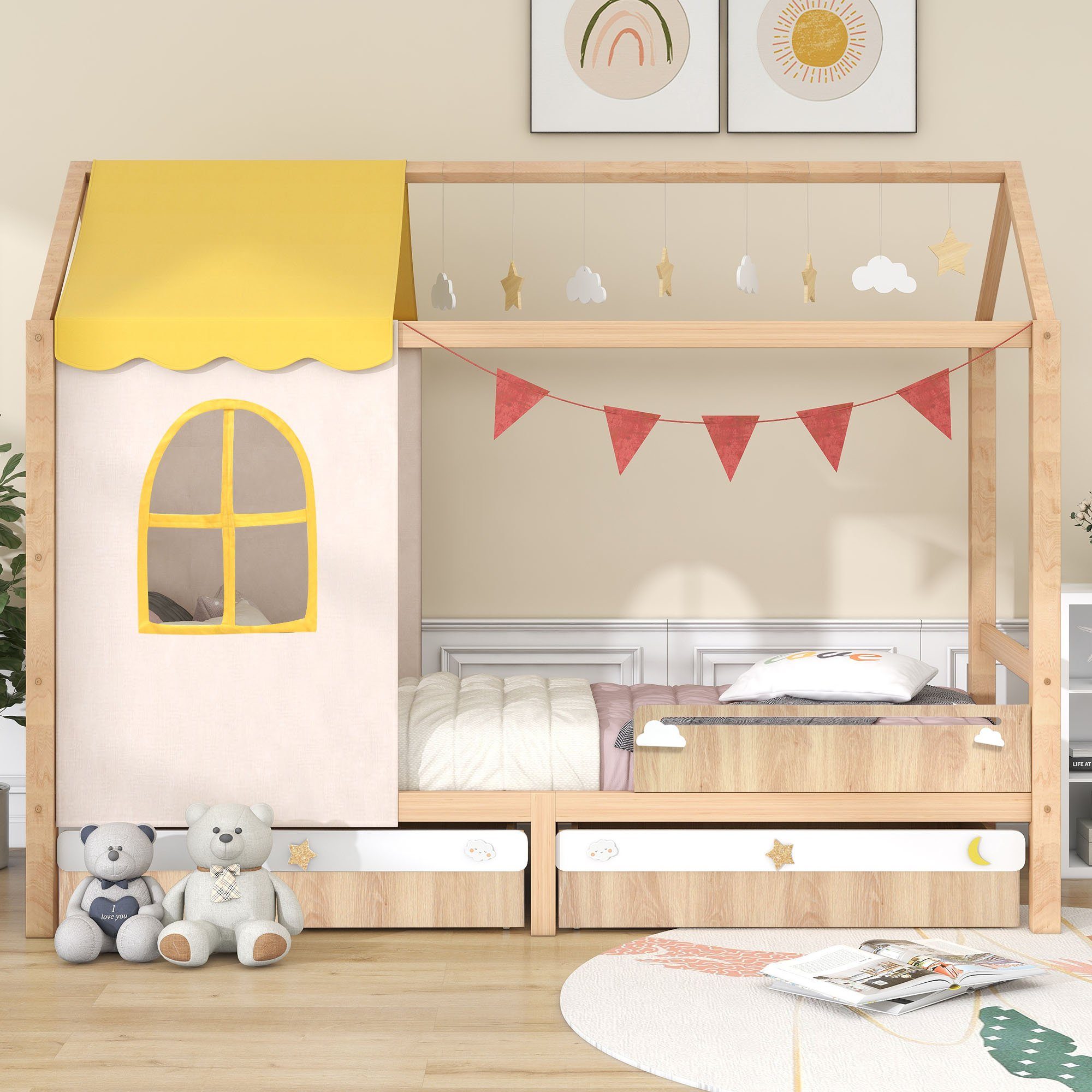 Sweiko Kinderbett, Hausbett mit Stoffvorhängen, Dekoration und 2  Schubladen, 90*200cm