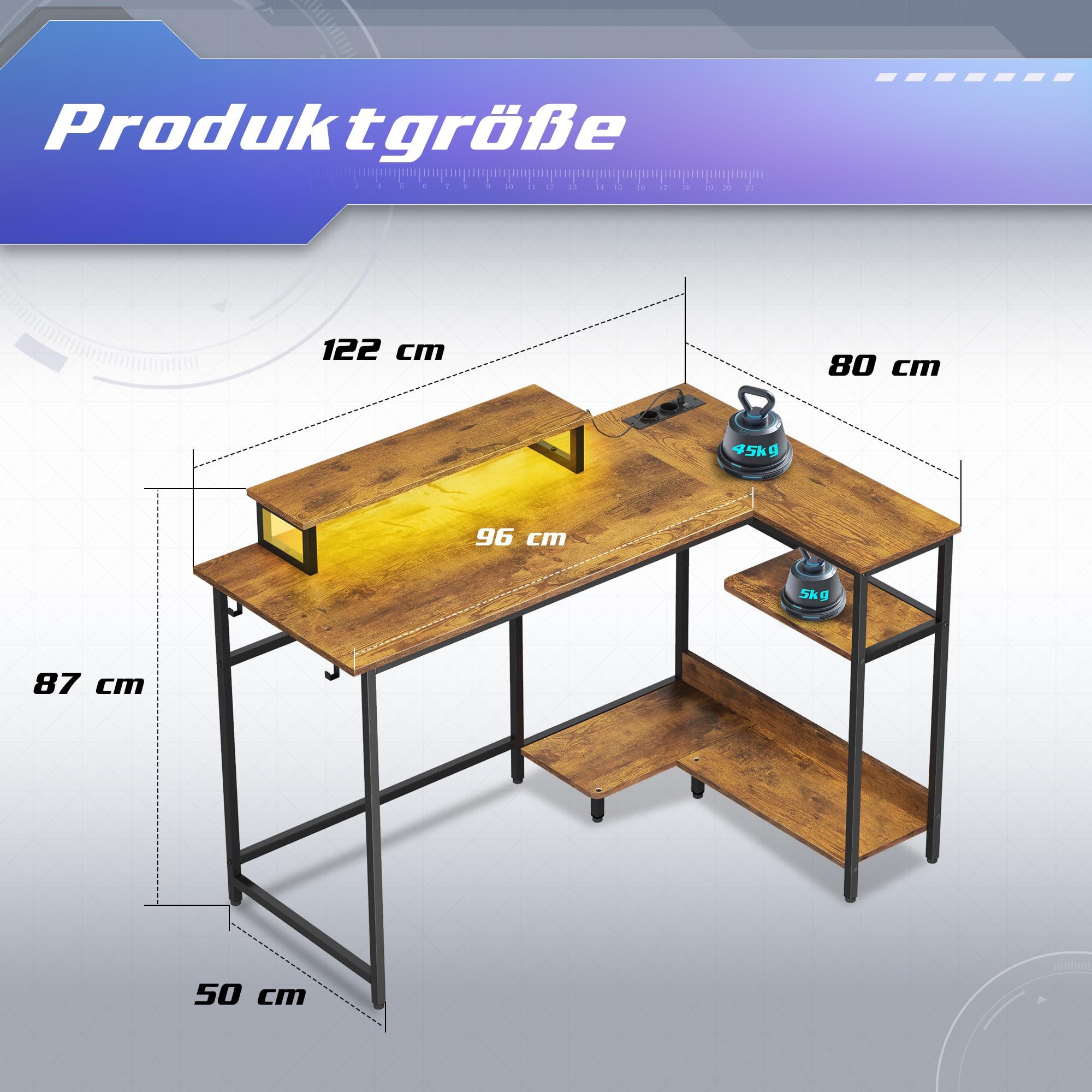 DEVAISE Computertisch Gamingtisch 111/120/140 x 80 cm Computertisch, L-förmiger Schreibtisch (Packung, Tablett mit Ständer), Computertisch mit LED, 2 USB und 2 AC-Steckdosen, für Büro