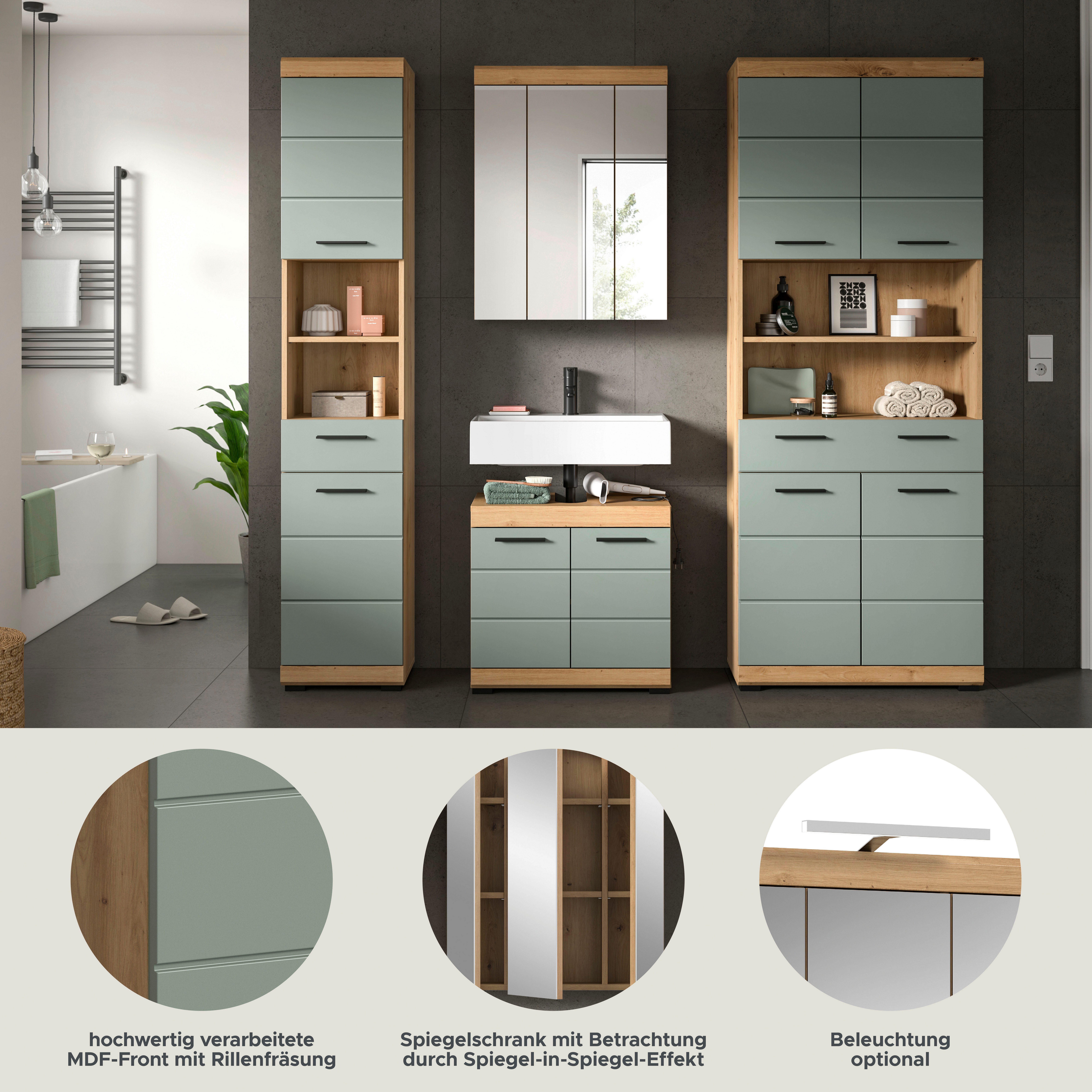 welltime Badmöbel-Set SIENA, 4 teilig, bestehend aus:, (Set, 4-St., TOPSELLER), Hochschrank schmal, WBU, Spiegelschrank, Hochschrank breit