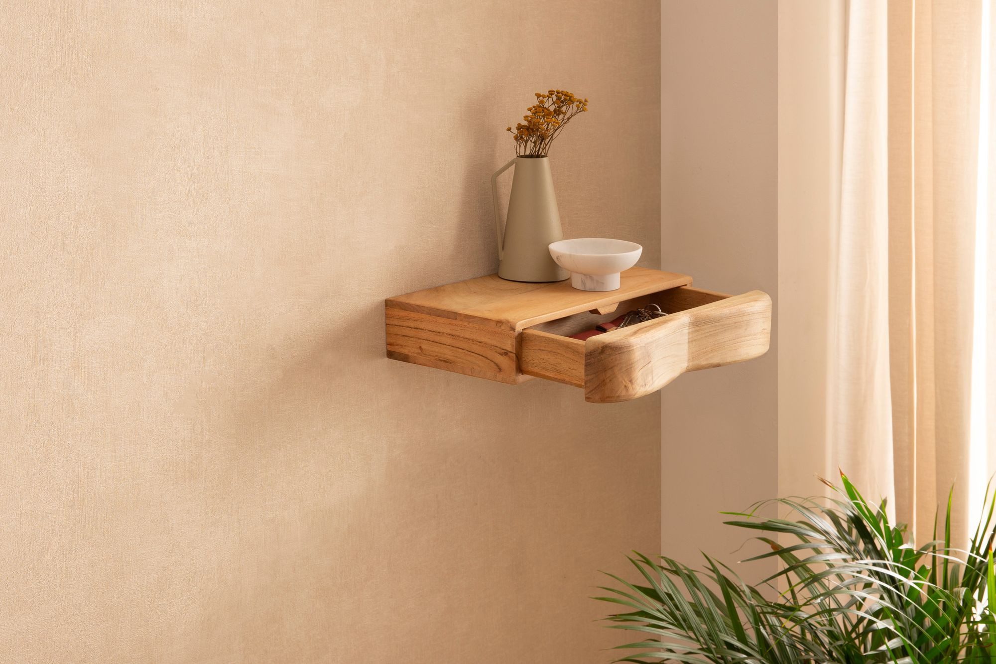 FINEBUY Wandregal FB74733 Schweberegal Akazie Massivholz 40cm Regal Wandboard Schublade, Massivholz Wandregal mit Schubladen, Praktische Ablage für moderne Wohnräume