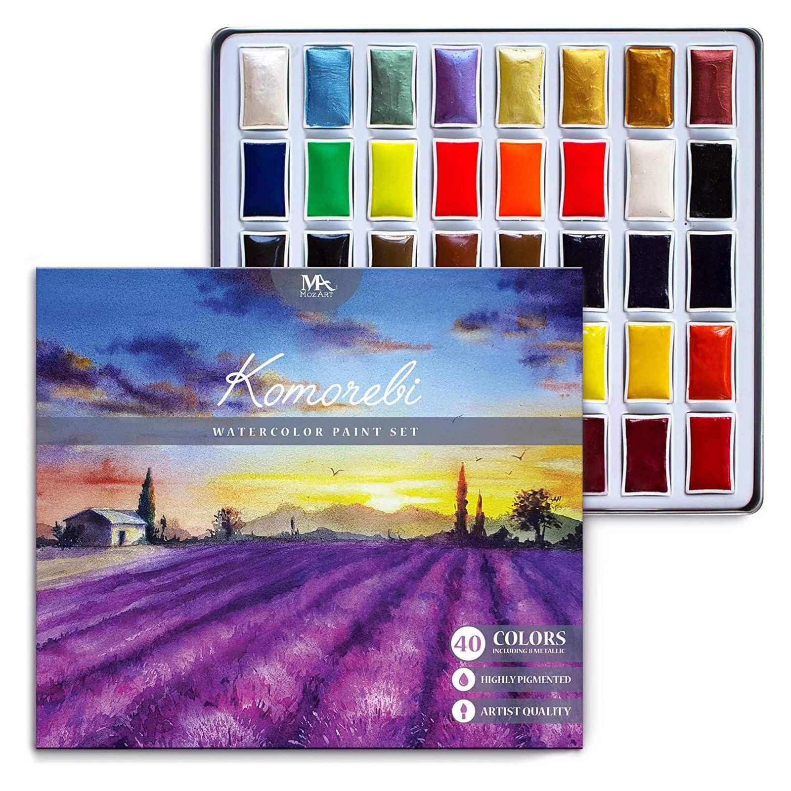 MozArt Supplies Wasserfarbe Aquarellfarben-Set Aquarellkasten Wasserfarben Kasten, 40 lebendige Farben in Metallbox