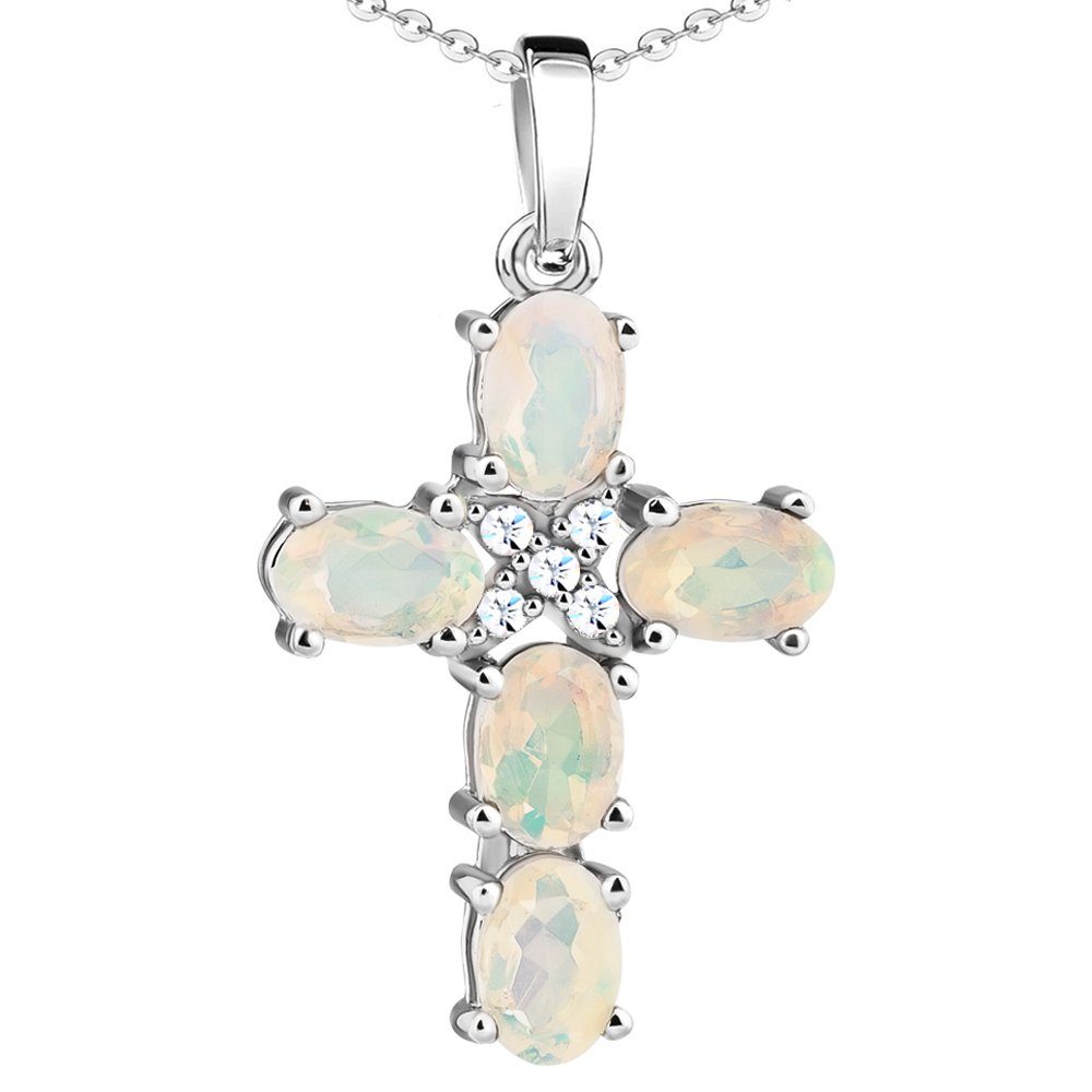 Kreuzkette echter Opal 925 Silber Edelstein Halskette Kreuz Frauen Damen Kette