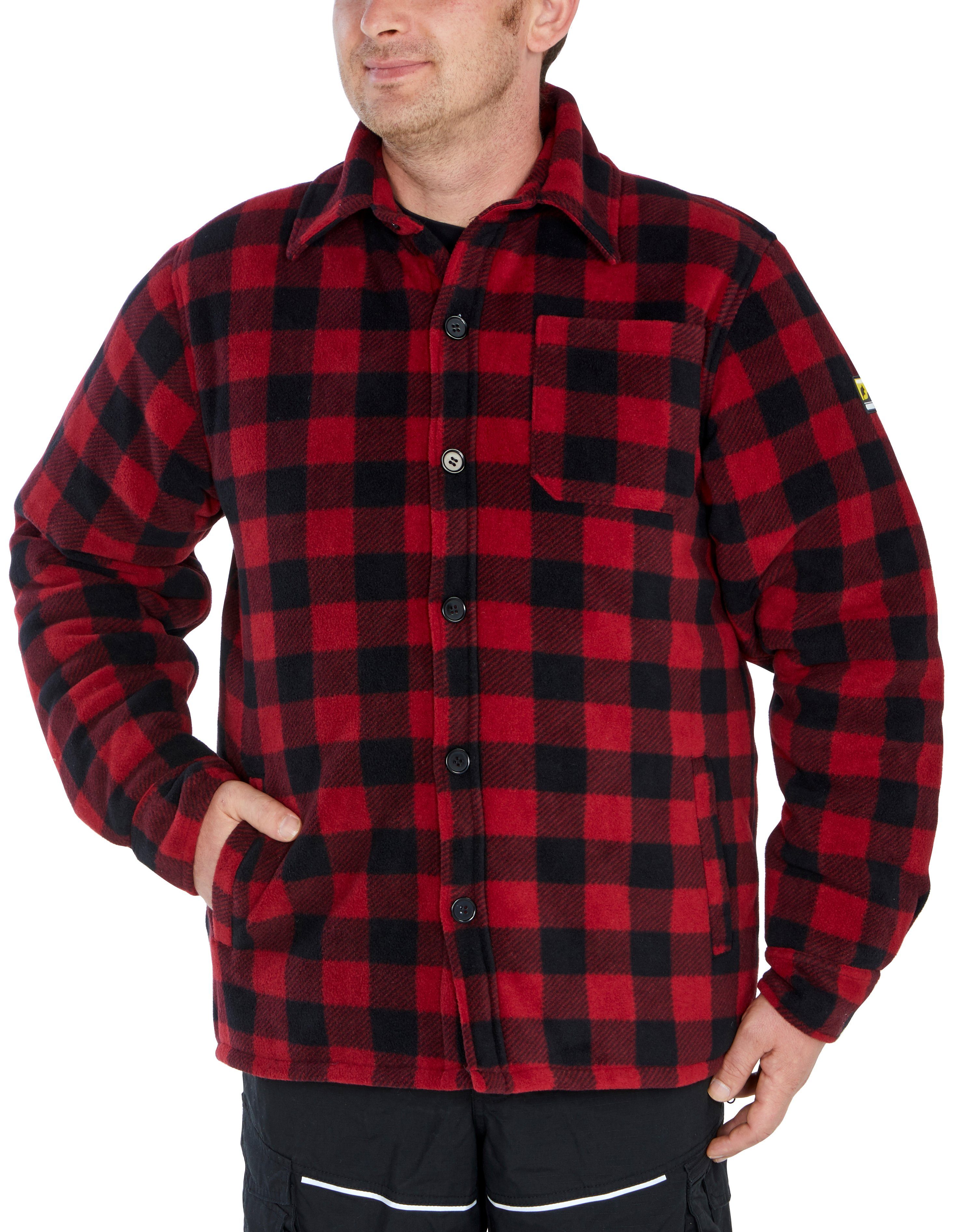 zu Country Hemd gefüttert, 5 Flanellhemd verlängertem Northern (als Flanellstoff mit oder tragen) Rücken, Jacke offen Taschen, warm zugeknöpft rot-schwarz mit