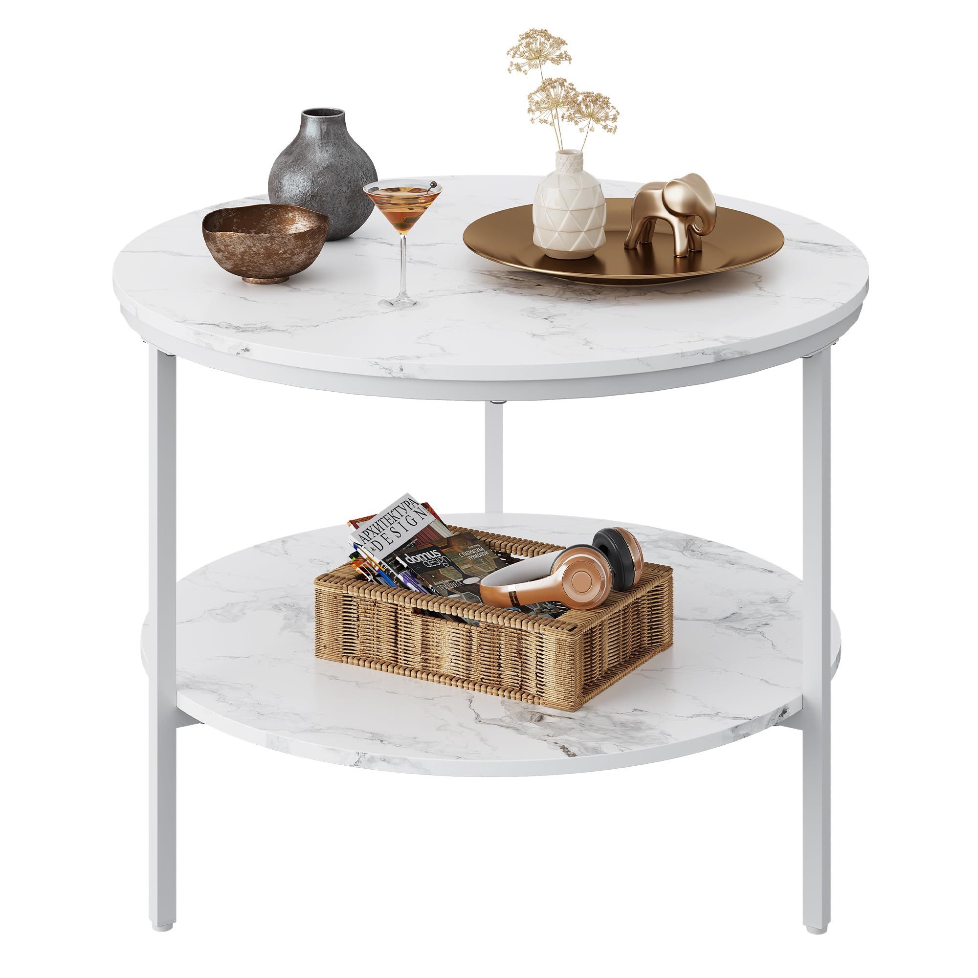 WLIVE Couchtisch Couchtisch rund mit 2 Ebenen, Beistelltisch Holz mit Metallgestell (1 Tisch), Wohnzimmertisch mit Metallrahmen, für Wohnzimmer, Schlafzimmer