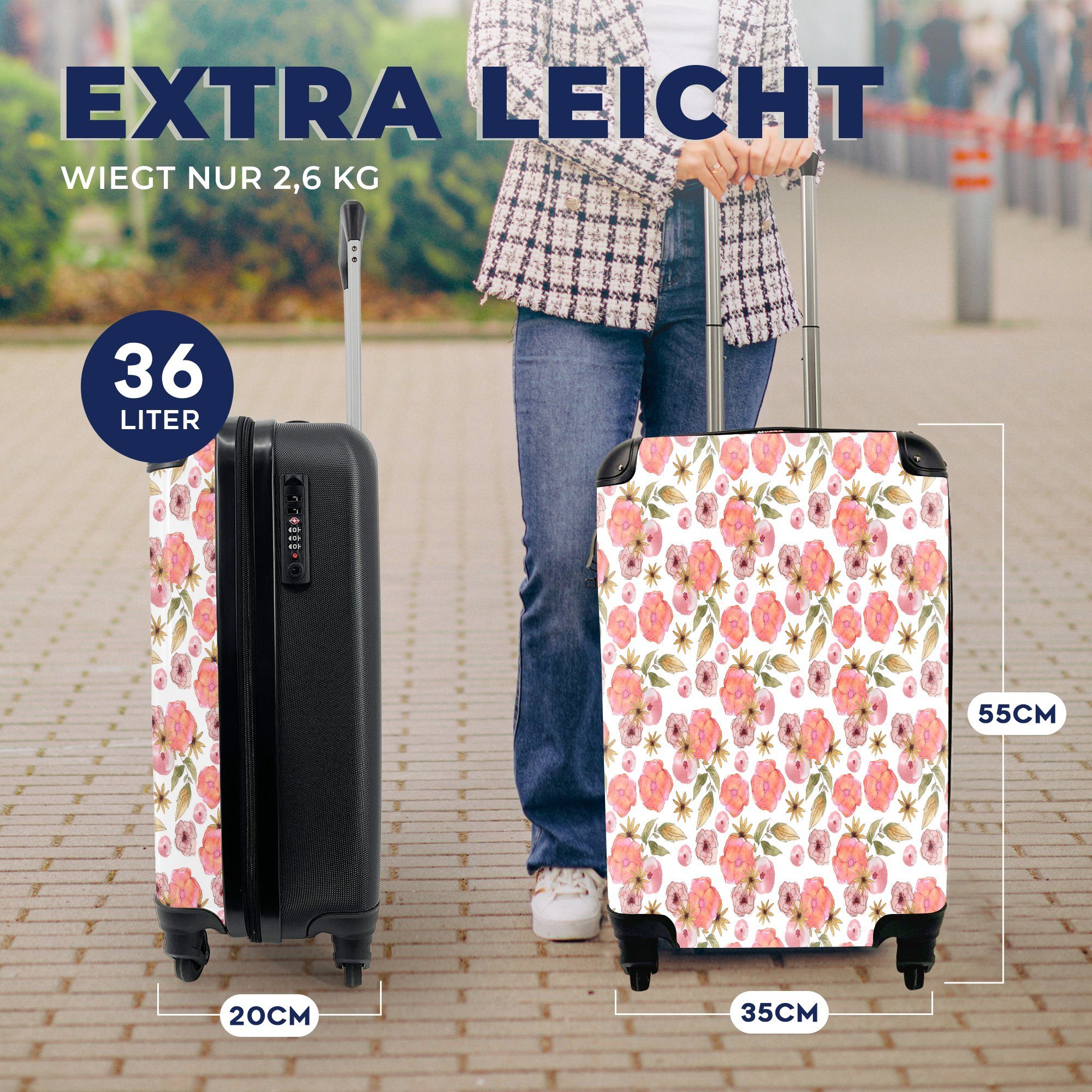 - Handgepäckkoffer 4 Trolley, mit für rollen, Handgepäck Reisekoffer Ferien, Rosa Reisetasche Blumen - Rollen, Muster, MuchoWow