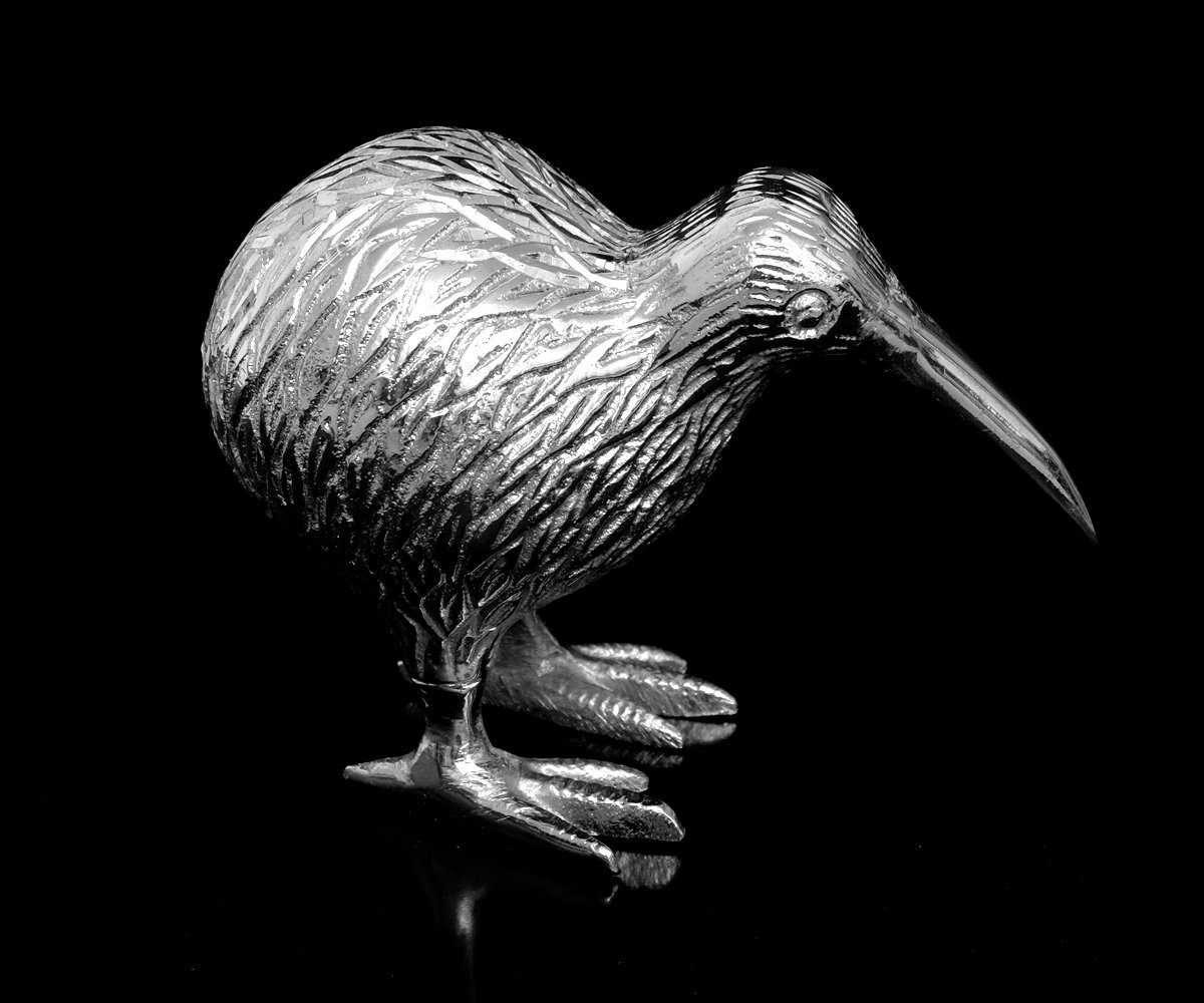 Kiwi Deko Schwarz Figur Tier Laufvogel Glücksbringer Vogel Metall Lila Tierfigur Neuseeland Dekofigur versilbert Gold Brillibrum Handarbeit Dekoration Silber