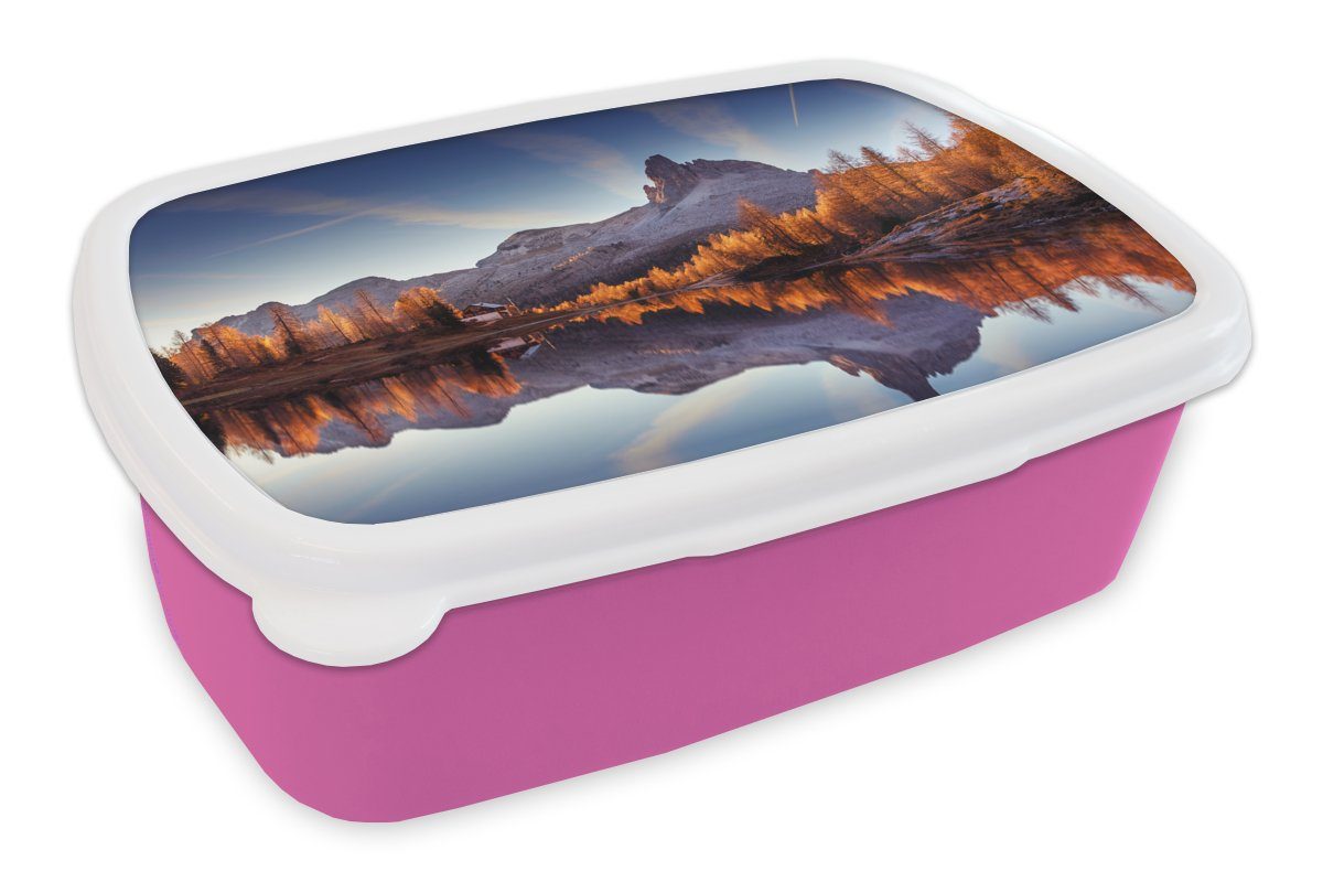 MuchoWow Lunchbox Berge - Bäume - Herbst - See - Natur, Kunststoff, (2-tlg), Brotbox für Erwachsene, Brotdose Kinder, Snackbox, Mädchen, Kunststoff rosa