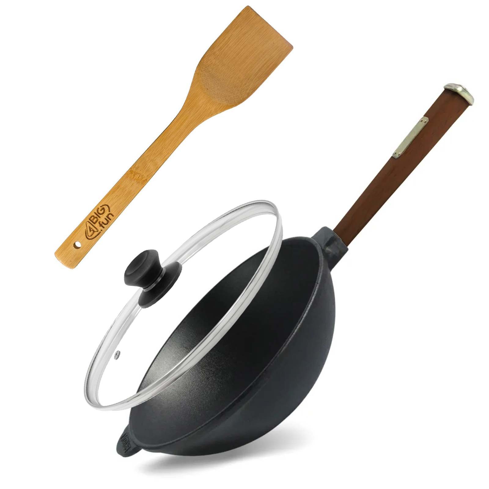 4BIG.fun Wok Wok Bratpfanne Ø24 cm 2,2 L aus Gusseisen, Gusseisen (mit Holzgriff Glasdeckel Asia Wokpfanne Induktion Pfannenwender), Holzgriff abschraubbar, Induktionsgeeignet