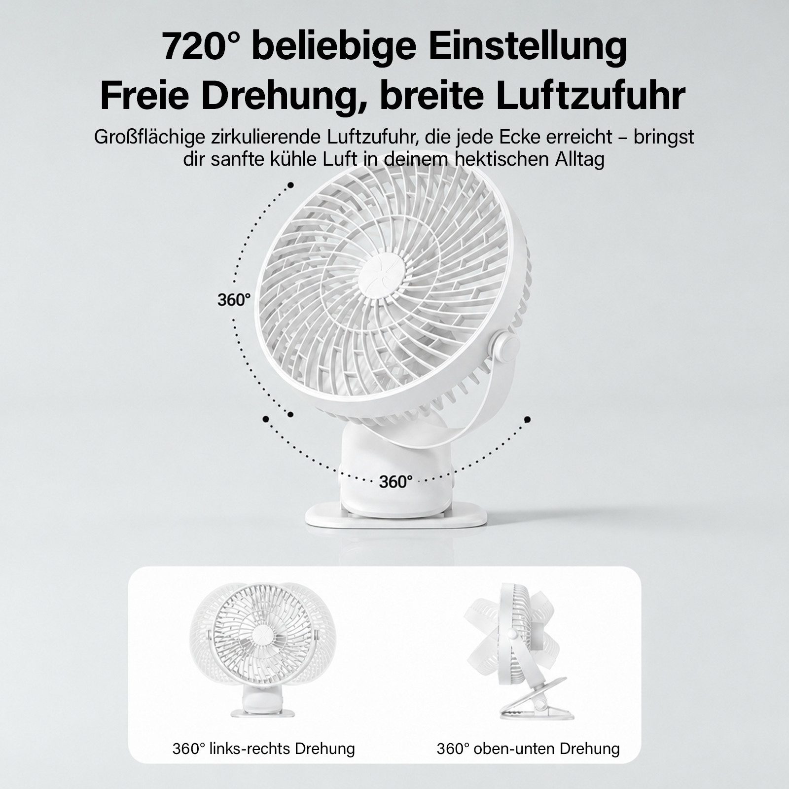 MOPUEA Standventilator 360° Drehbar Klemm-Ventilator Luftzirkulationsventilator USB, Tischventilator 3 Windstufen Standventilator Luftzirkulation Leise
