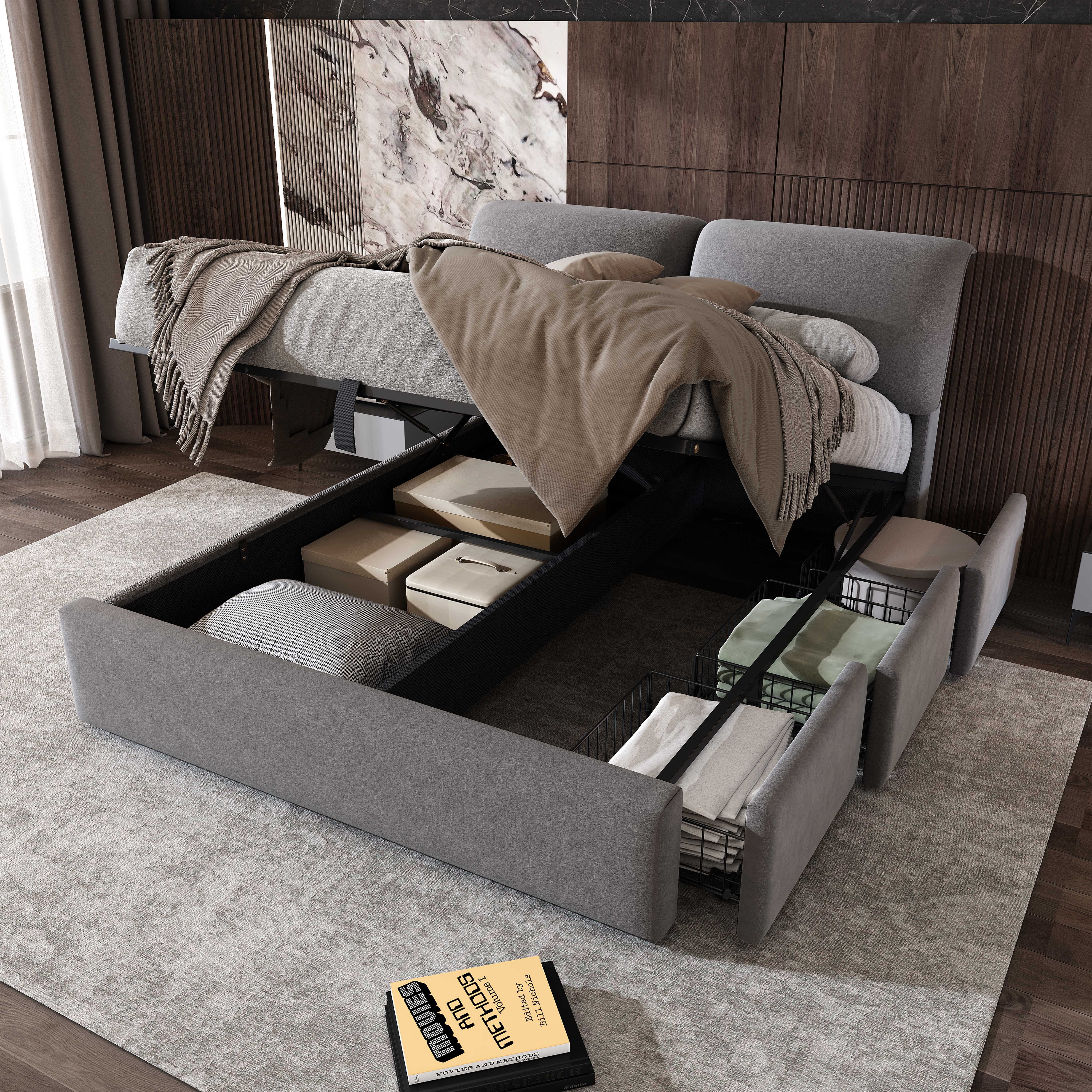 BlingBin Polsterbett Hydraulisches Bett Jugendbett Stauraumbett Funktionsbett (Doppelbett, 1-tlg., mit 3 Schubladen, Lattenrost, Kopfteil und großer Stauraum), 140 × 200 cm, ohne Matratze, Samt, Grau