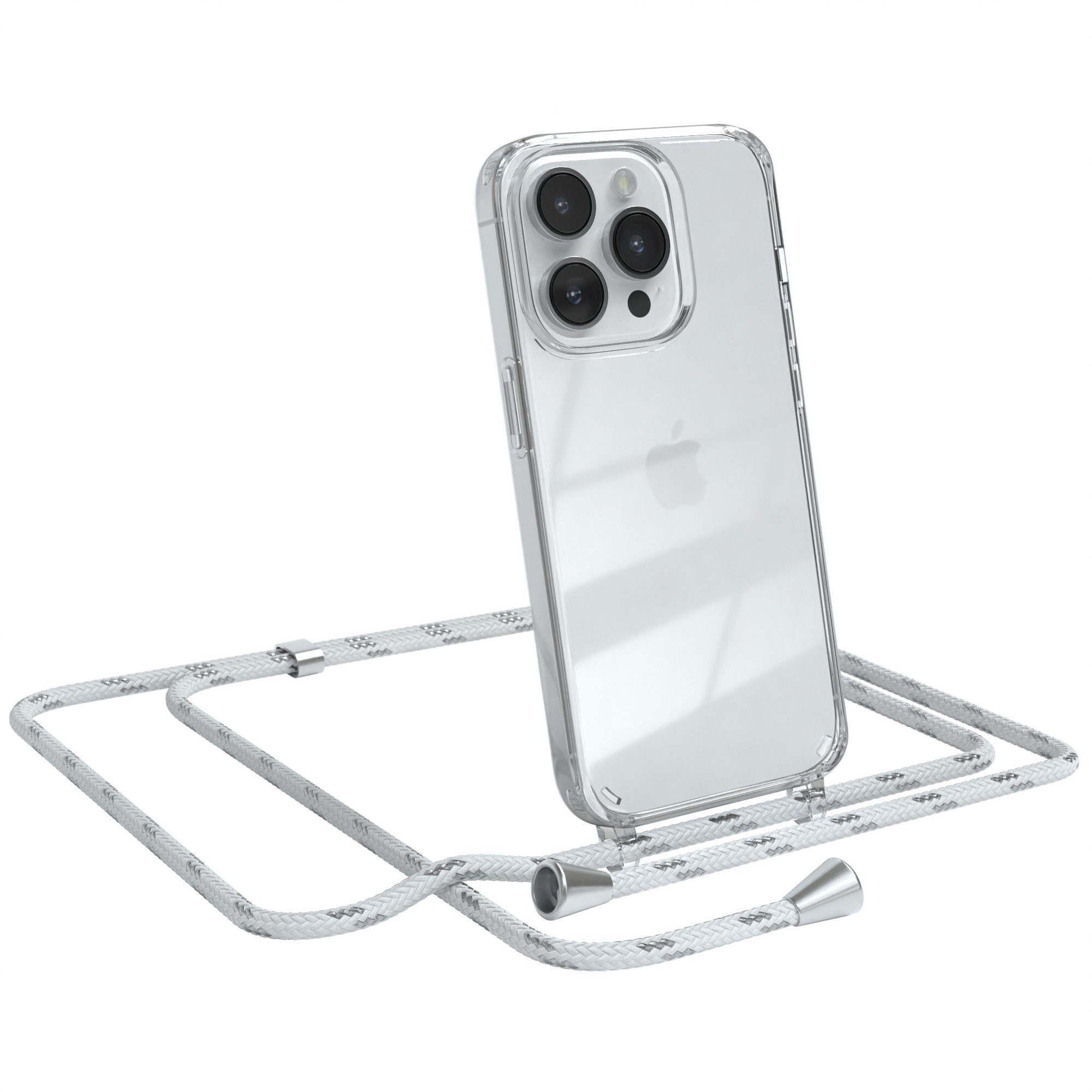 EAZY CASE Handykette Hülle mit Kette für Apple iPhone 14 Pro 6,1 Zoll, Hülle Smartphonekette für Unterwegs Festivalhülle Transparent Weiß