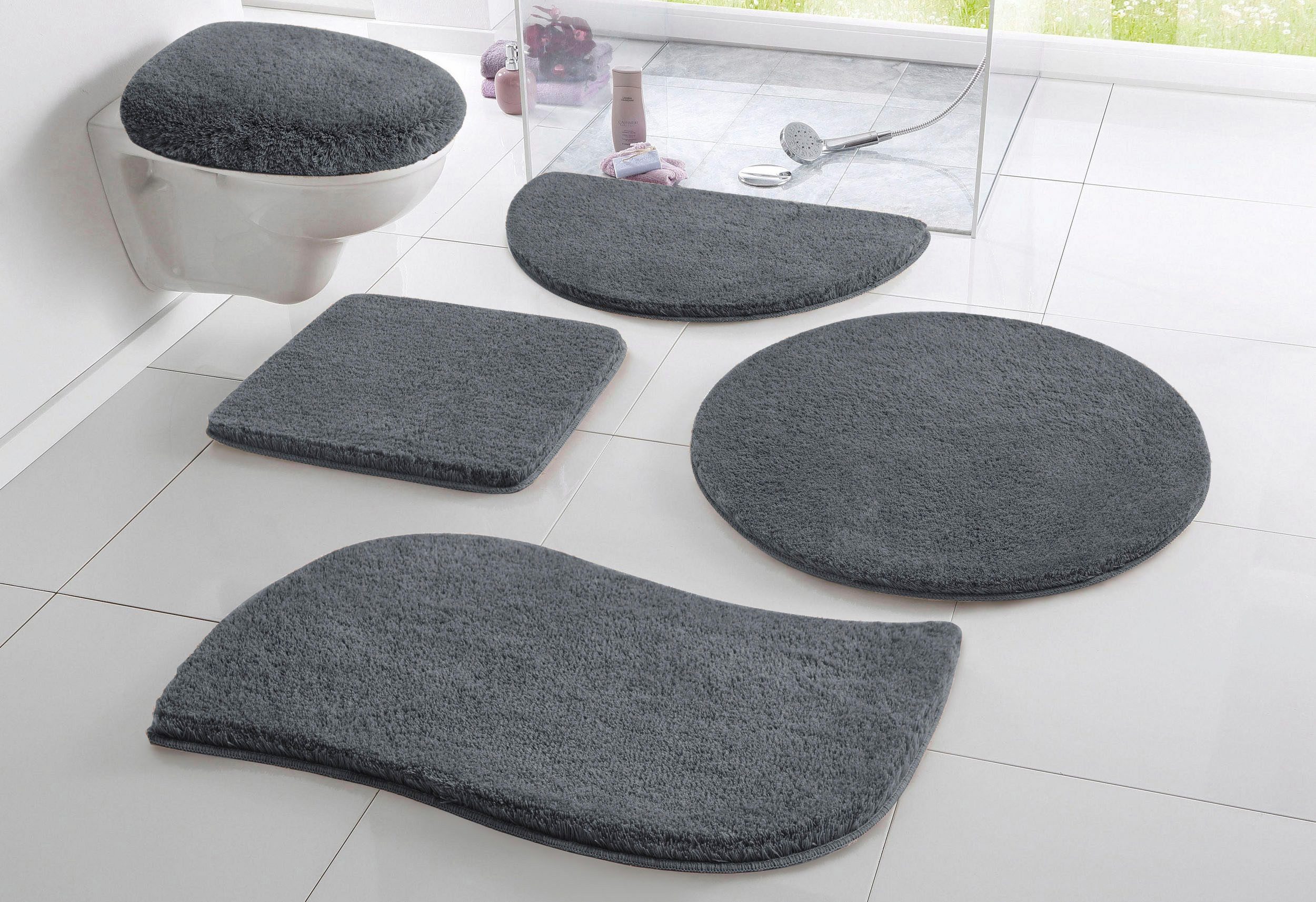 my home Badematte Merida, Badvorleger, Badezimmer Teppich, Höhe 32 mm, rutschhemmend beschichtet, fußbodenheizungsgeeignet, schnell trocknend, strapazierfähig, Kunstfaser, wellenförmig, Badteppich, Uni Farben, rechteckig, rund & als 2-tlg. Set erhältlich