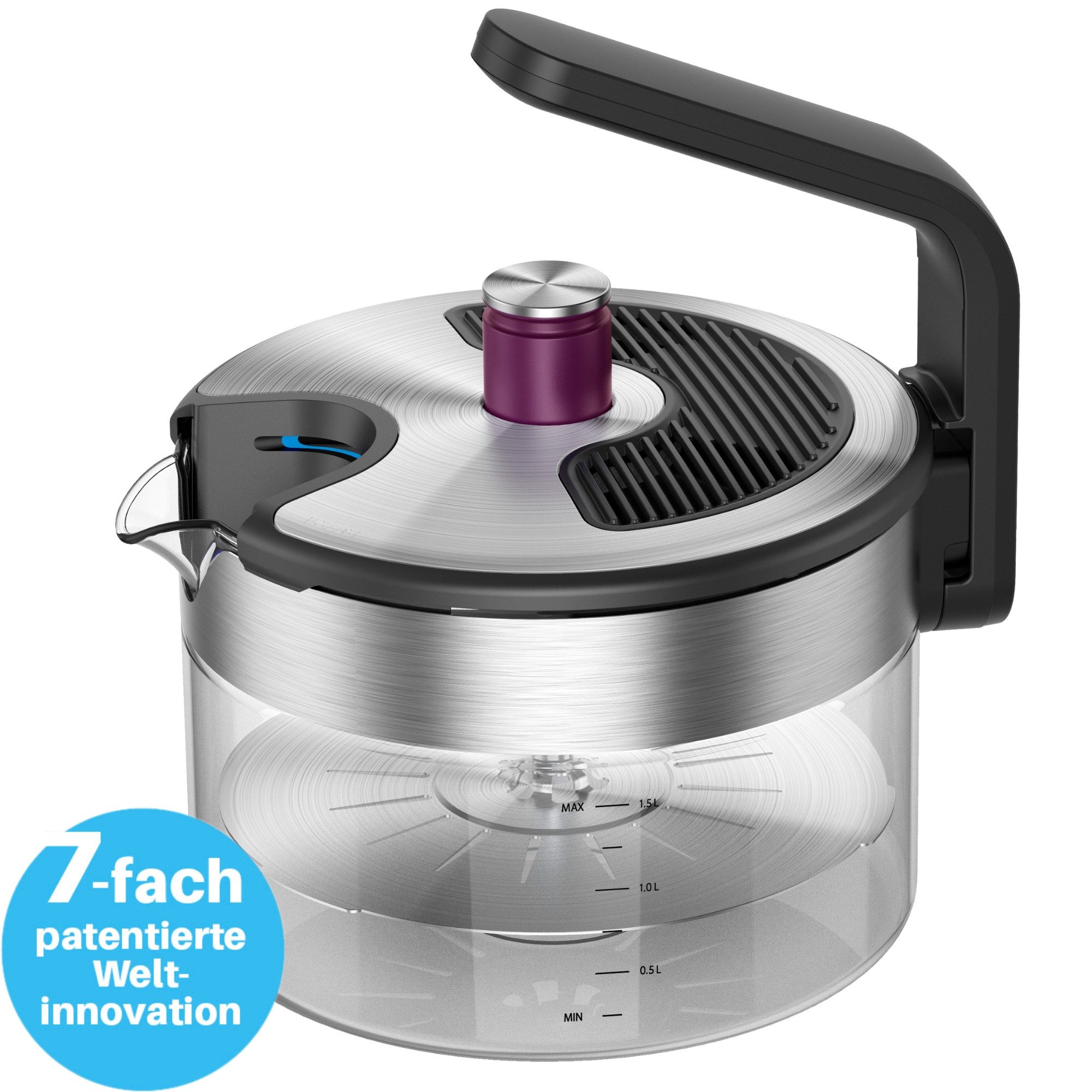 Kezzel Wasserkessel für Induktionsherde, 7-fach patentiert, 1,5 Liter Kapazität, Minimalistisches Design aus Edelstahl & Glas, (1-tlg), Automatische Abschaltfunktion, kein Überkochen