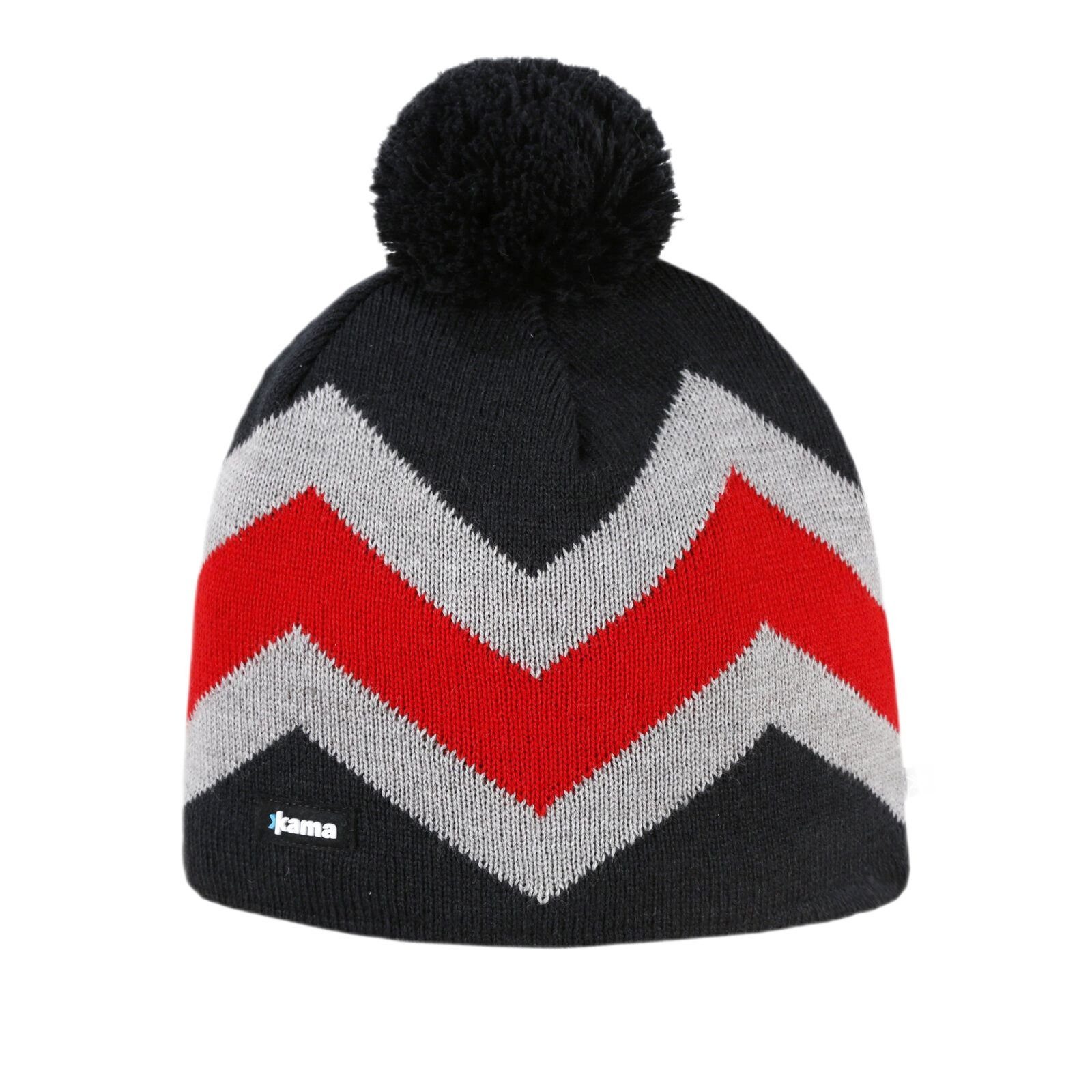 Strickmütze (Bommel) A179 Merino - graphitgrau/grau/rot - 1 Stück