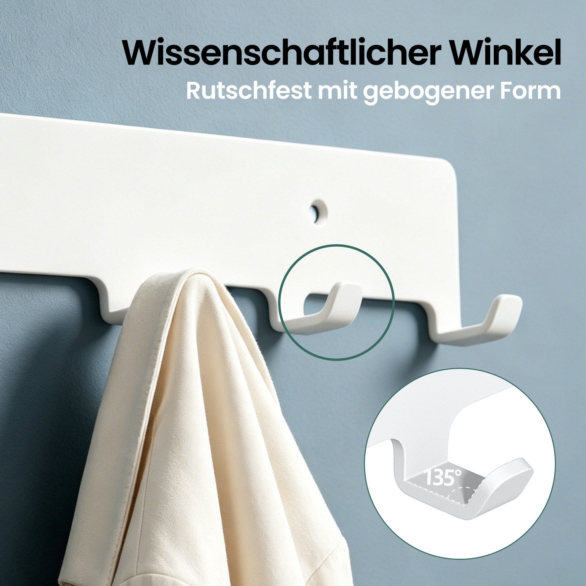 Mai & Mai Hakenleiste Wandhaken Garderobe 7 Haken Kleben Bohren Schwarz/Weiß 50cm Stalo-17, 135° Anti-Rutsch Haken,Kohlenstoffstahl,7 stabile Haken