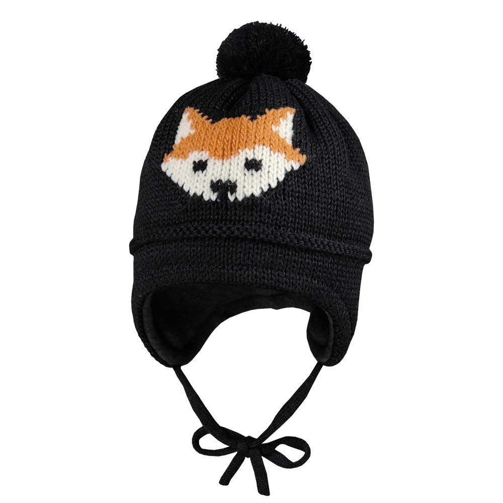 Strickmütze MINI BOY-Mütze, Intarsie Fuchs ausgenäht, Bindeband, Pompon, Futter